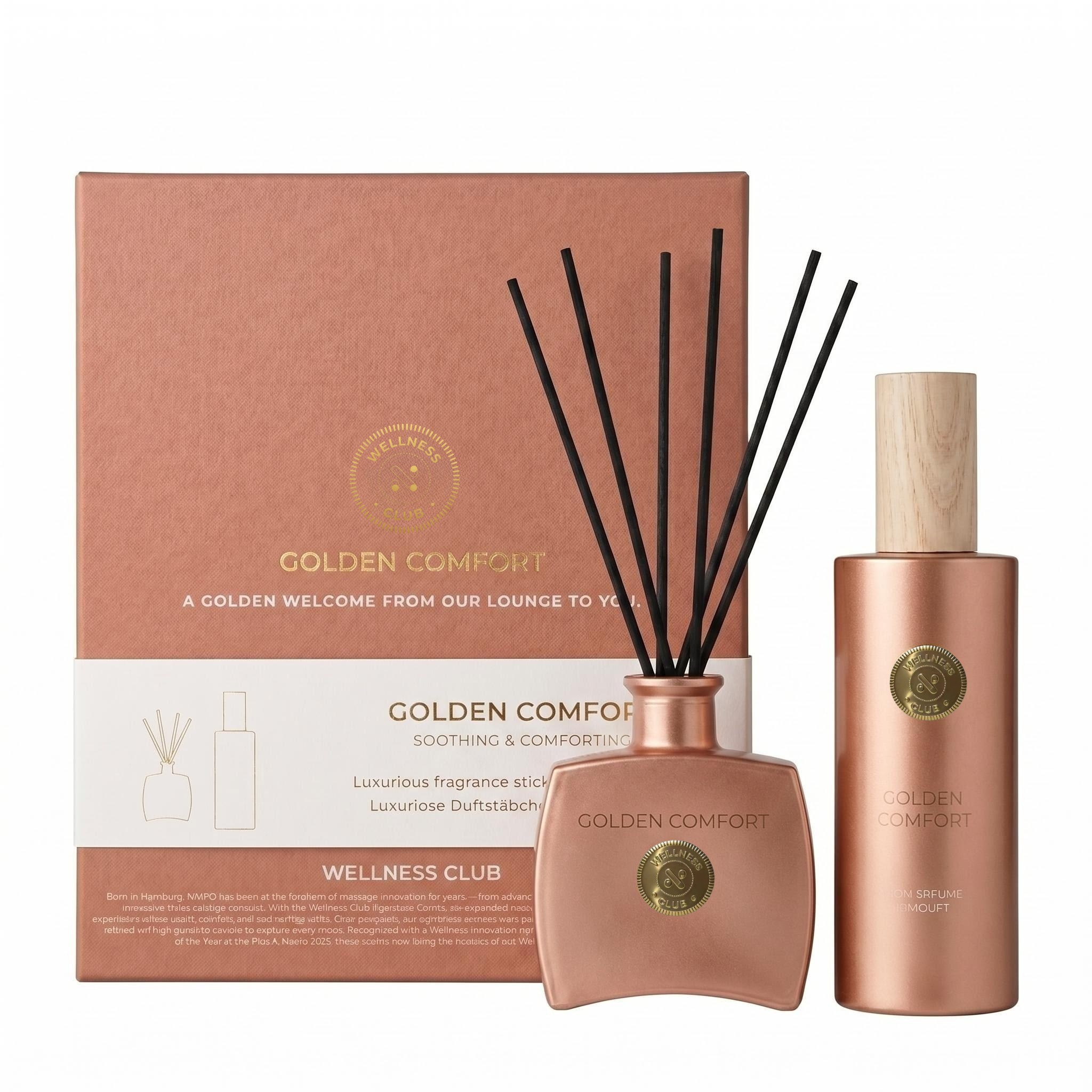Wellness Club GOLDEN COMFORT Vanille Geschenkset – Räucherstäbchen Diffusor 100ml + Raumduft Spray 200ml – Natürliche ätherische Öle – Für Wohnzimmer, Schlafzimmer, Bad, Büro