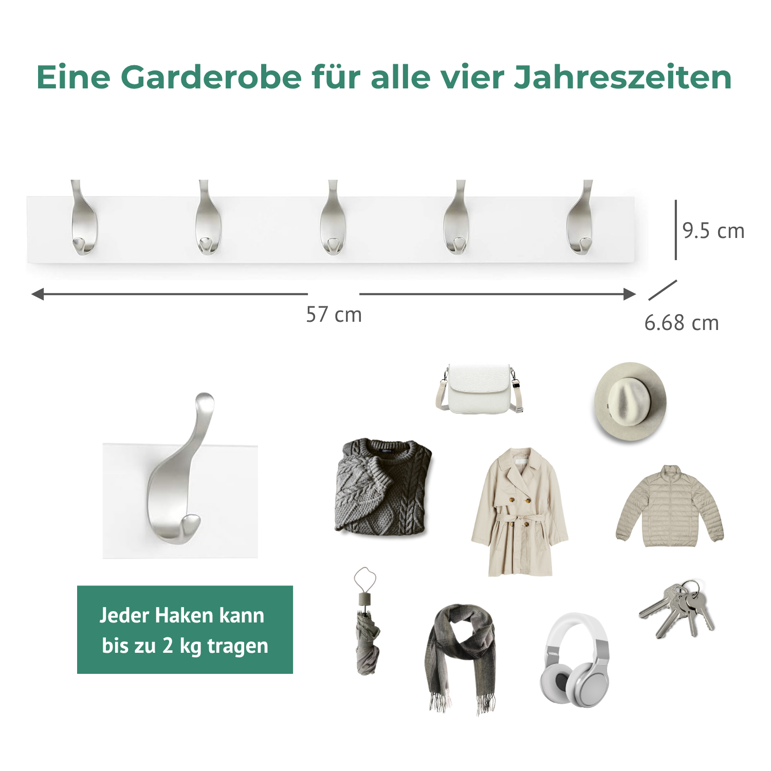 Friends Of NAIPO® Garderobenleiste, 57 cm Hakenleiste mit 5 Haken – Wandgarderobe für Mäntel, Jacken, Taschen, Weiß