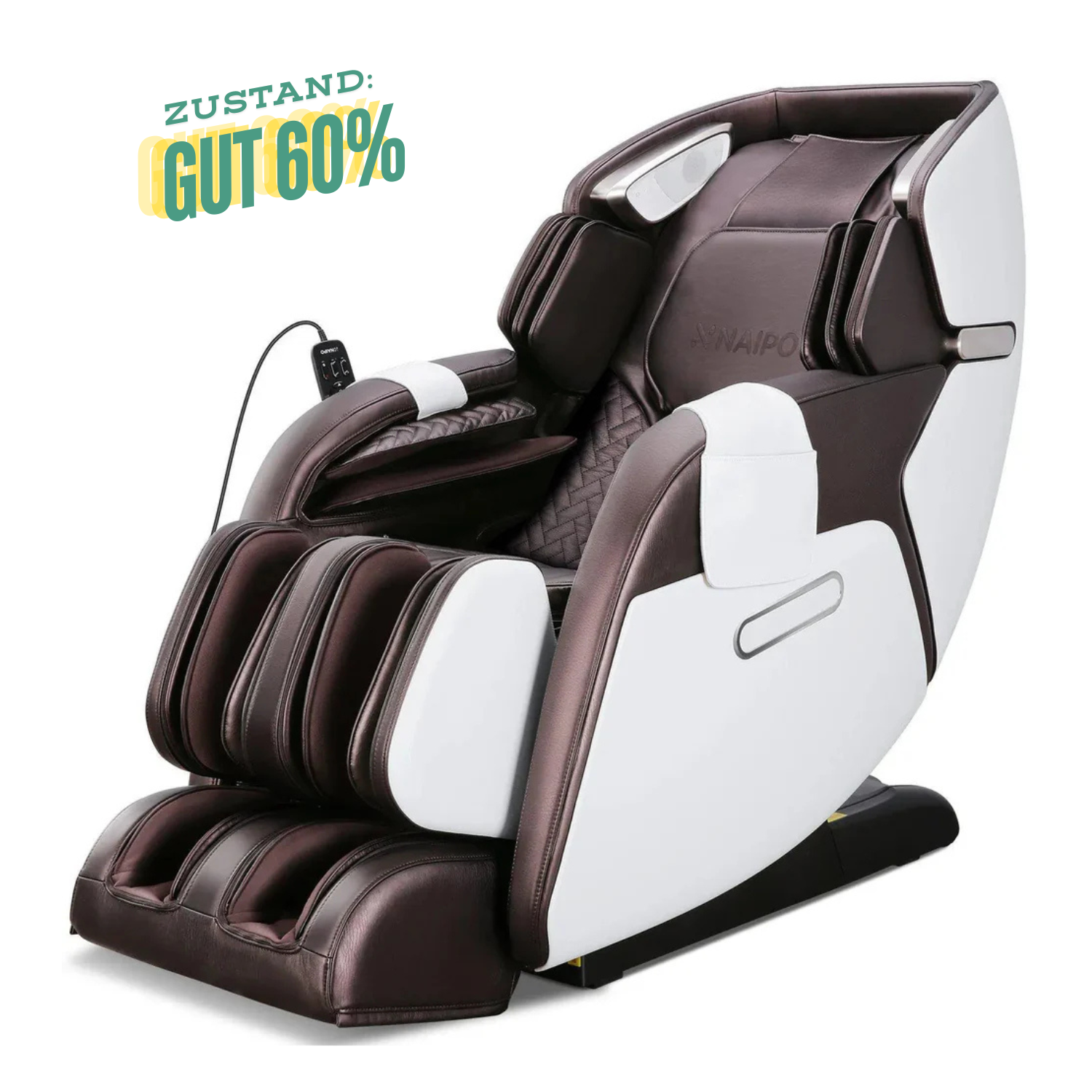 NAIPO Premium 3D Massagesessel Wärmefunktion, Shiatsu, Zero Gravity, Bluetooth Surround Sound, Braun/Weiß, Gebraucht/Generalüberholt