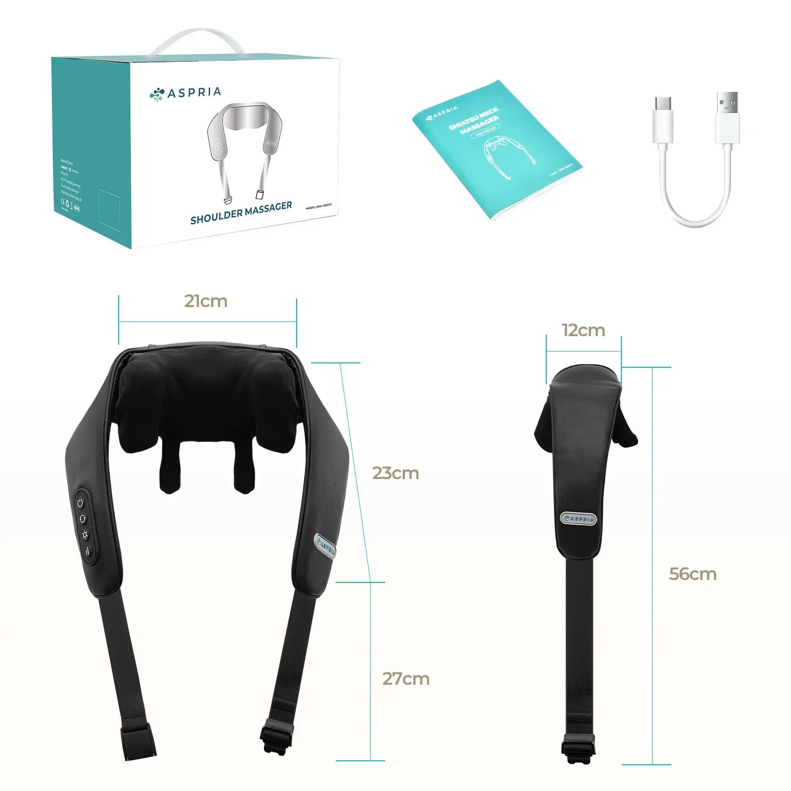 Aspria by NAIPO 5D Shiatsu Nackenmassagegerät mit Wärme, wiederaufladbar, Tragbares Schultermassagegerät für Nacken, Schulter, Rücken, Beine und Ganzkörpermassage, Schwarz