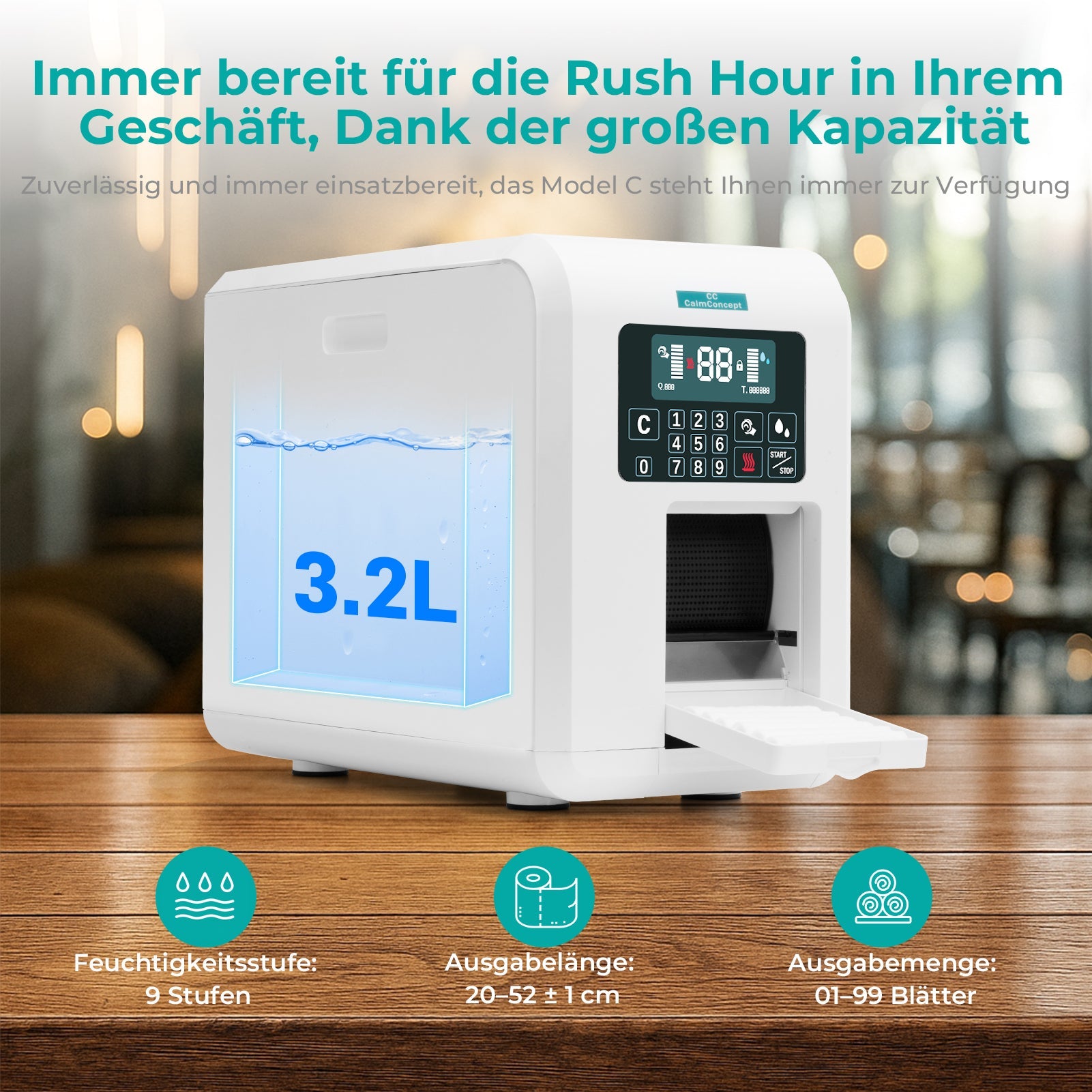 CalmConcept® Warmtuchspender mit Befeuchtung und Heizfunktion (bis zu 60 °C), LED-Display, schnelle 2s-Ausgabe, Hygienischer Einweg-Handtuchwärmer für Spa, Kosmetikstudio, Restaurant, Modell C