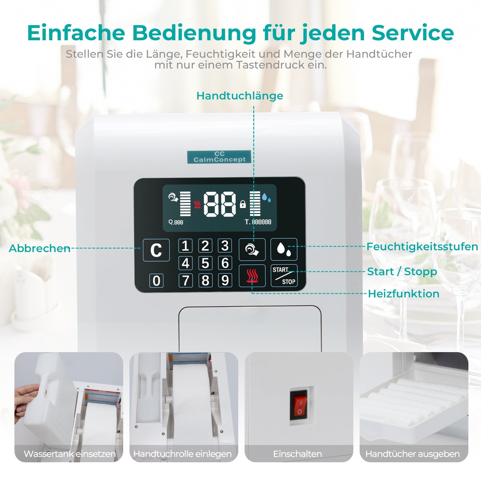CalmConcept® Warmtuchspender mit Befeuchtung und Heizfunktion (bis zu 60 °C), LED-Display, schnelle 2s-Ausgabe, Hygienischer Einweg-Handtuchwärmer für Spa, Kosmetikstudio, Restaurant, Modell C