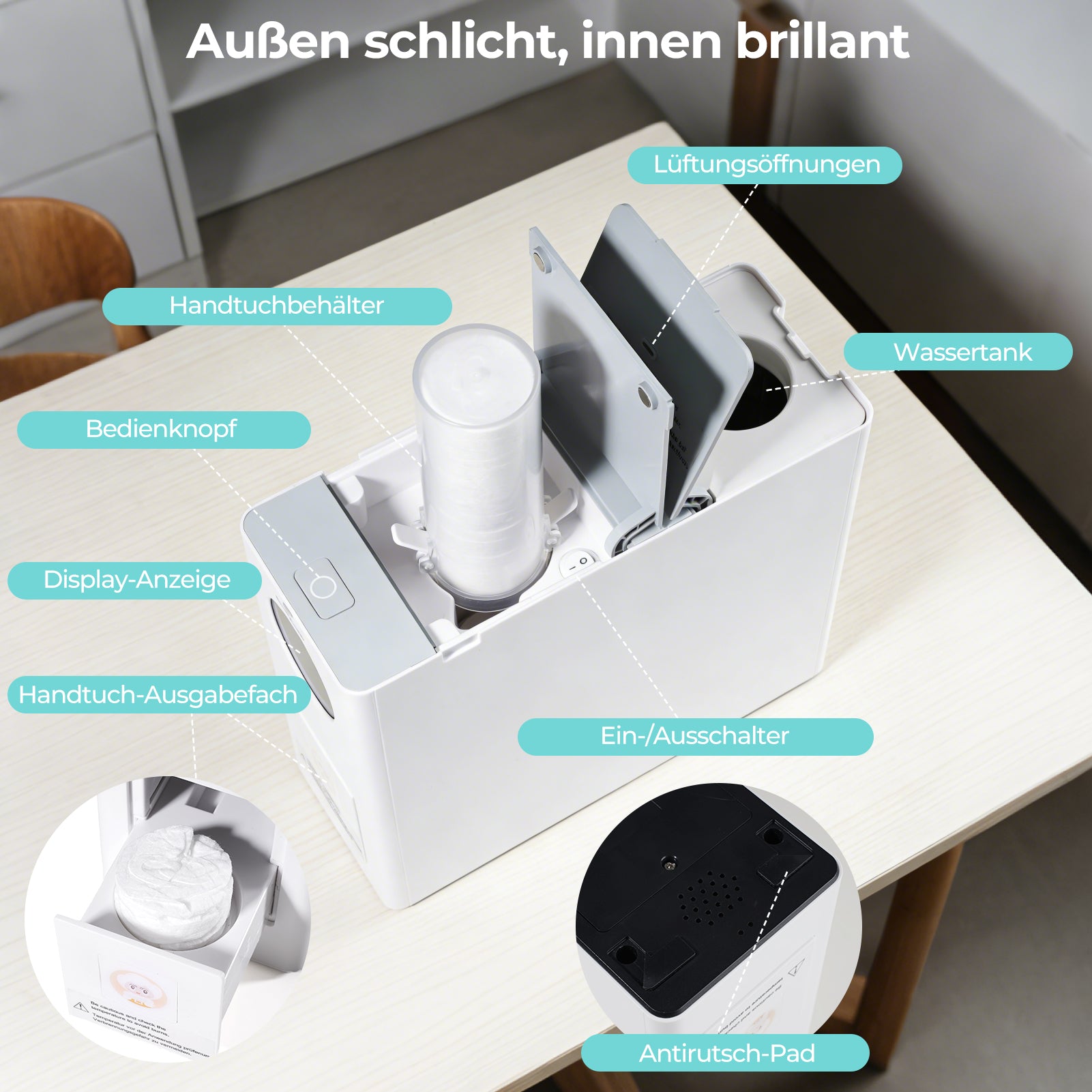 CalmConcept® Mini Warmhandtuchspender – Saubere und angenehm warme Einweghandtücher für Zuhause und unterwegs, Modell W2