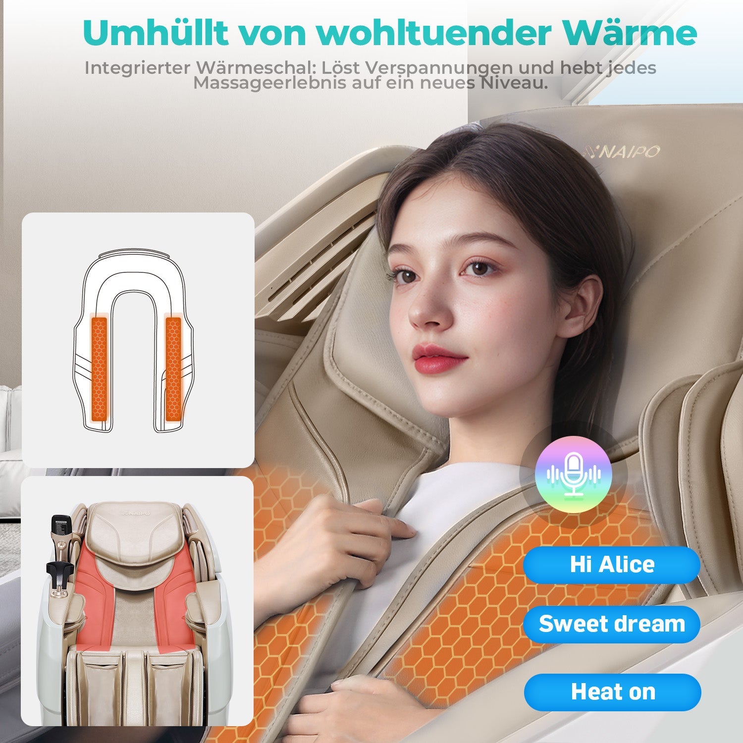 Naipo 3D Massagesessel R50 weiß, High-End Massagestuhl, Wärmefuktion