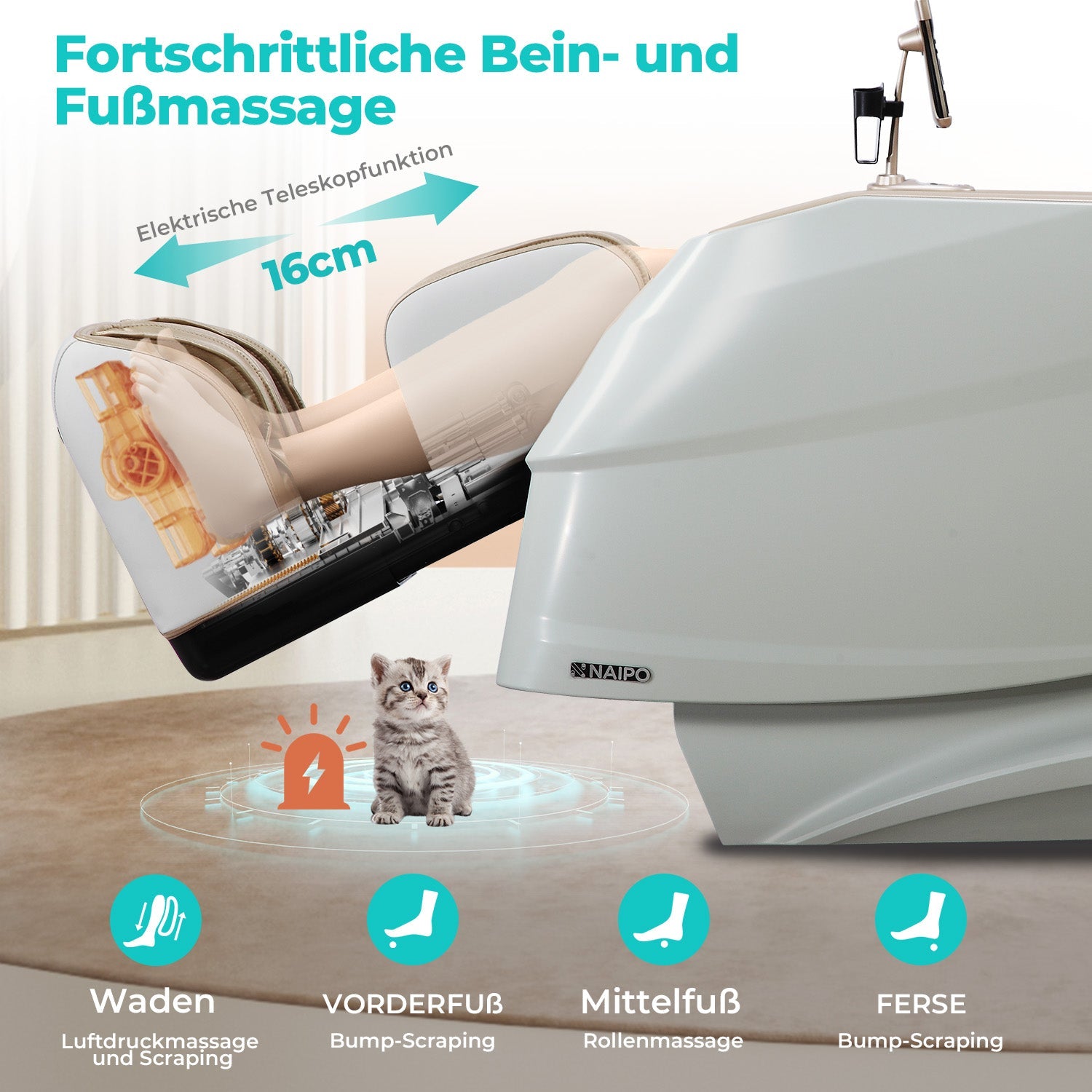 Naipo 3D Massagesessel R50 weiß, High-End Massagestuhl, Wärmefuktion