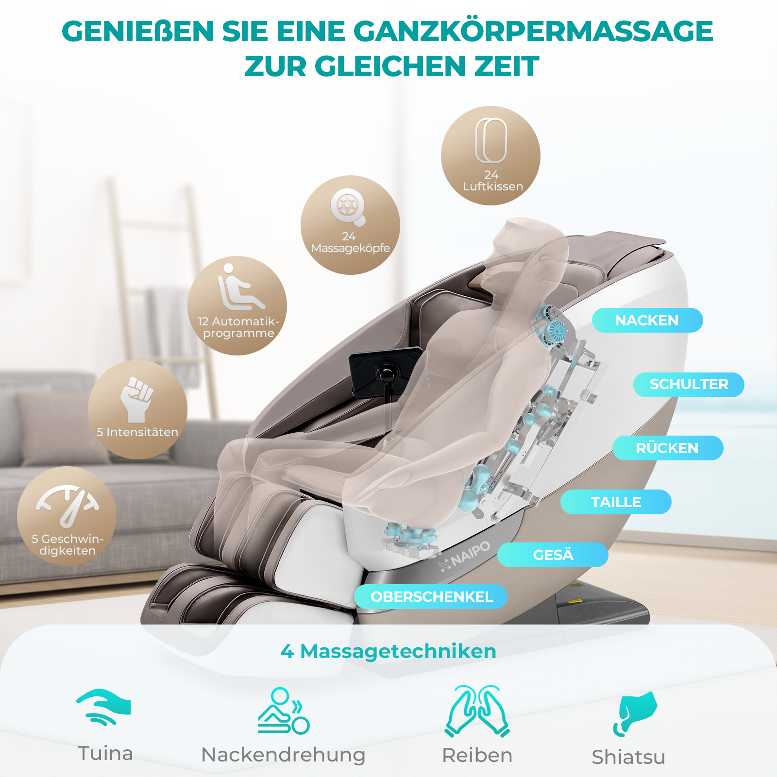 NAIPO Tai Chi Flow Massagesessel für Ganzkörpermassage mit Wärme, Zero-Gravity, Nacken- und Schultermassage, Gebraucht/Generalüberholt