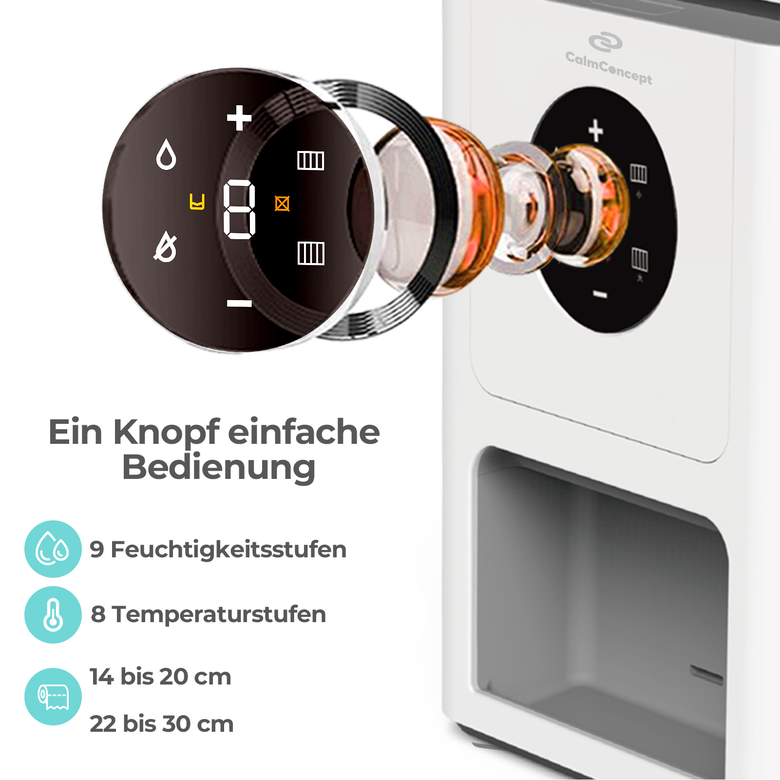 CalmConcept® Warmtuchspender Warme Feuchttücher auf Knopfdruck mit 9 Feuchtigkeitsstufen 8 Temperaturstufen und 1400 ml Wassertank, Modell Q6
