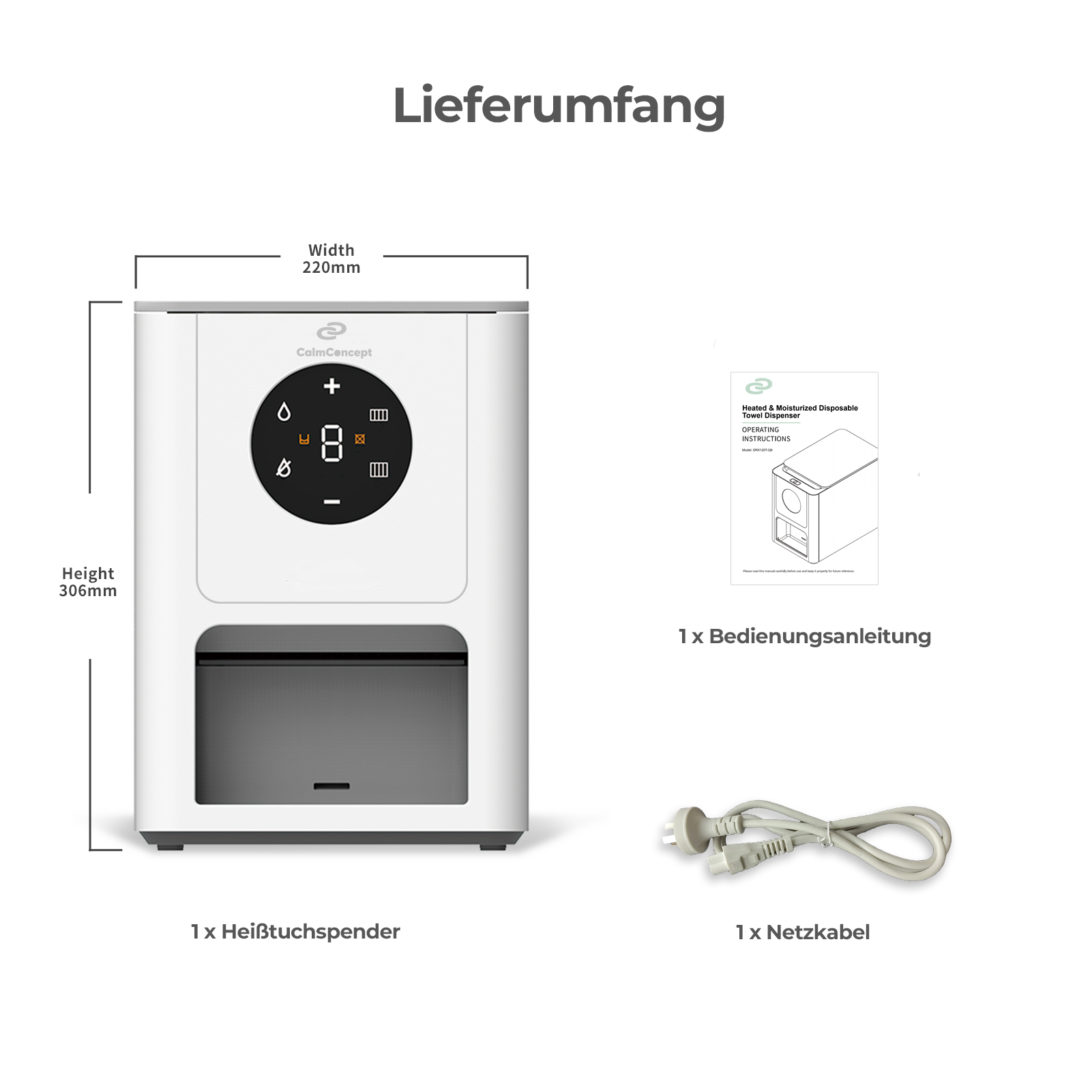 CalmConcept® Warmtuchspender Warme Feuchttücher auf Knopfdruck mit 9 Feuchtigkeitsstufen 8 Temperaturstufen und 1400 ml Wassertank, Modell Q6