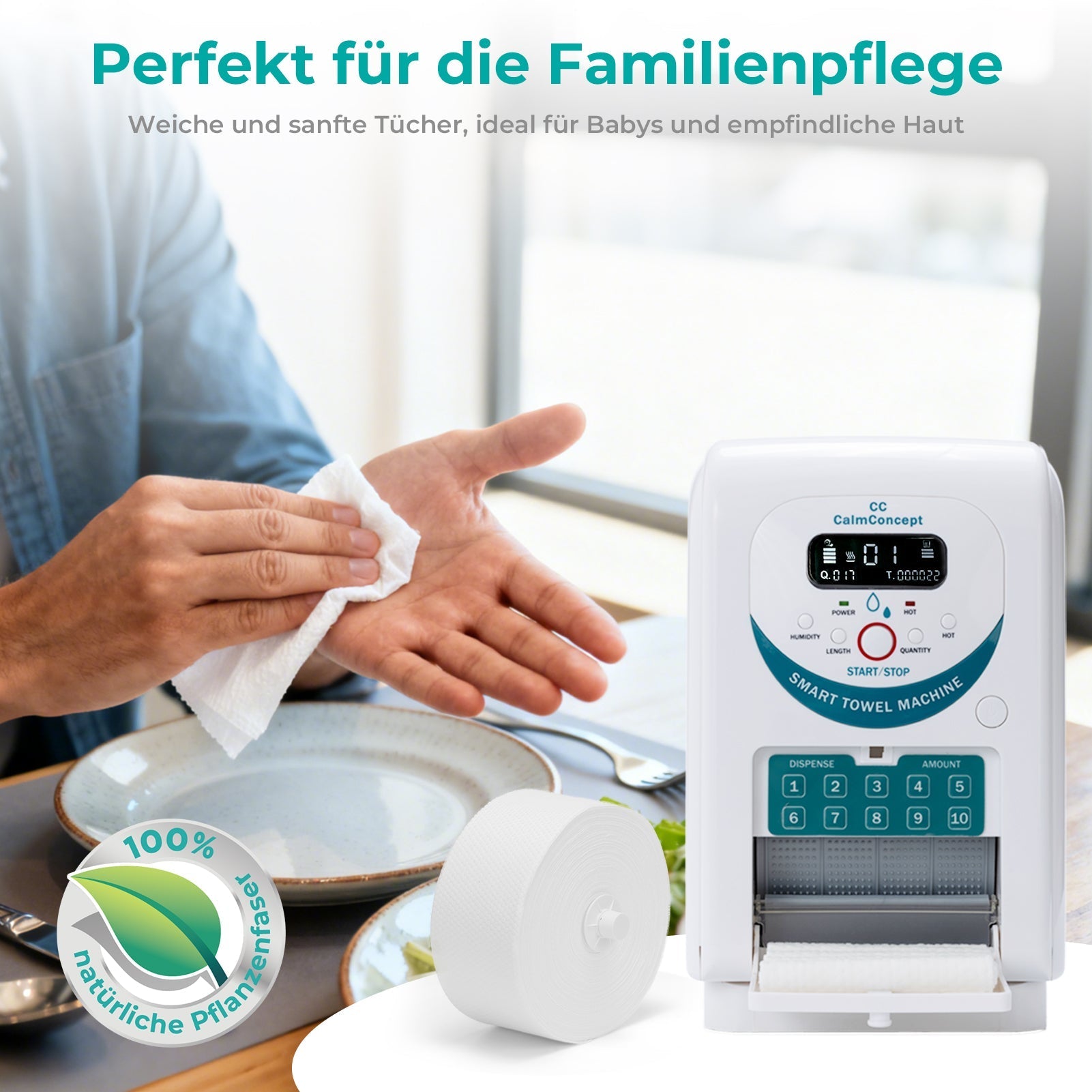 CalmConcept® Warmtuchspender mit Befeuchtung und Heizfunktion (bis zu 60 °C), LED-Display, schnelle 2s-Ausgabe, Hygienischer Einweg-Handtuchwärmer für Spa, Kosmetikstudio, Restaurant & Zuhause, Modell A