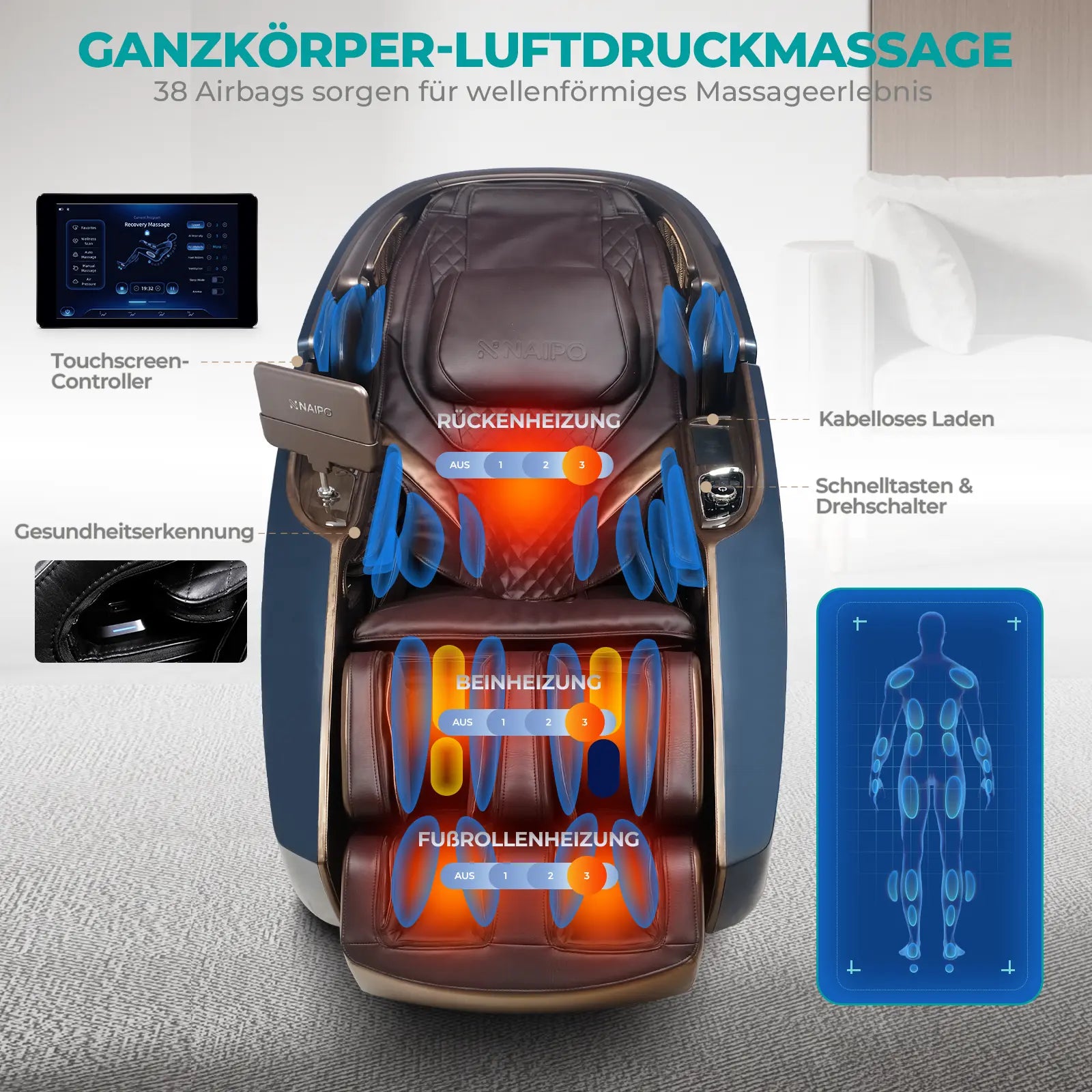 NAIPO 4D High-End Massagesessel S89, Raumkapsel-Design, Aromatherapie, Wärmetherapie, 8-Zoll-Tablet-Steuerung