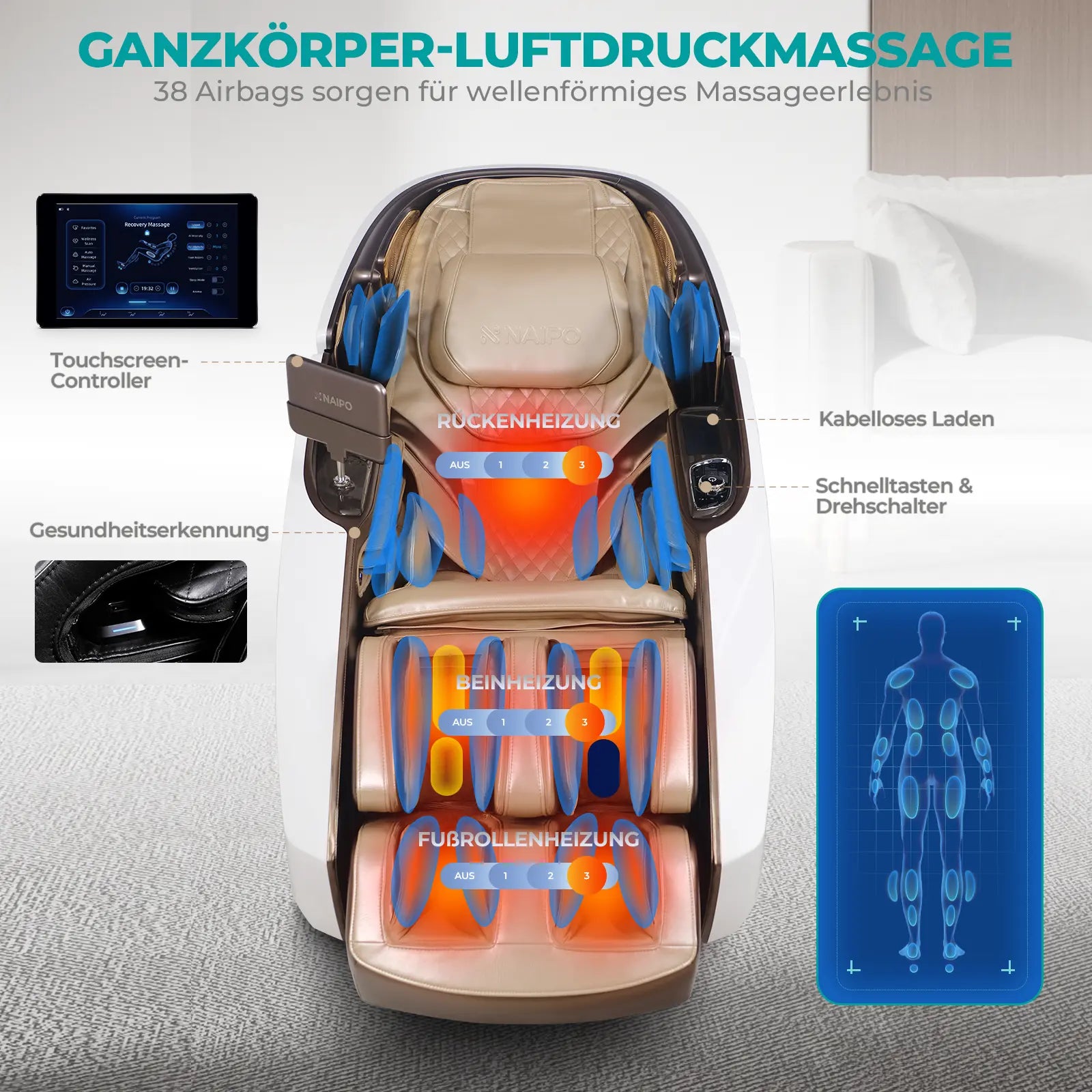 NAIPO 4D High-End Massagesessel S89, Raumkapsel-Design, Aromatherapie, Wärmetherapie, 8-Zoll-Tablet-Steuerung