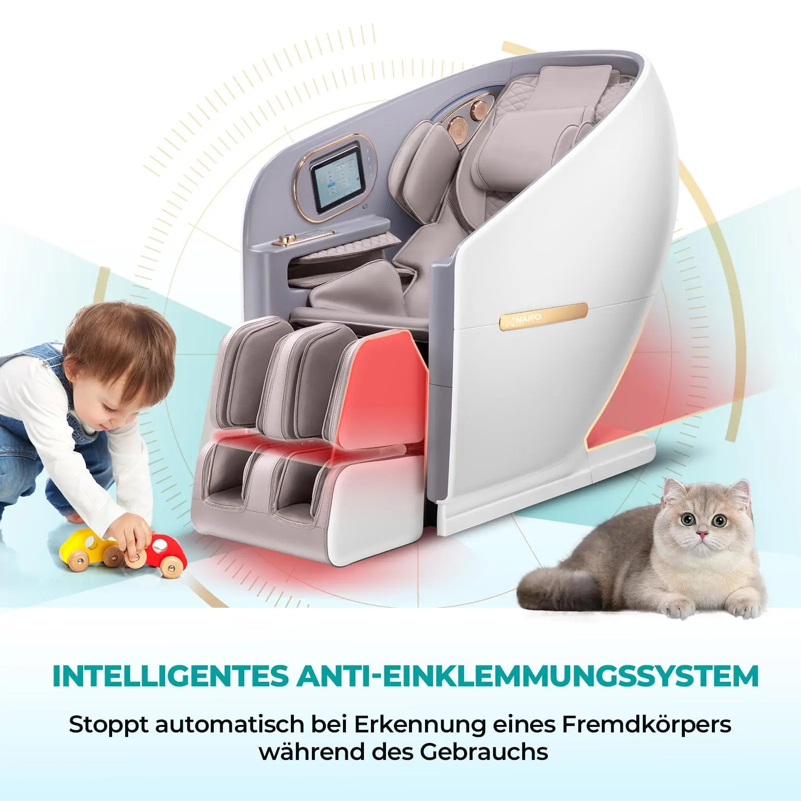 NAIPO 4D High-End Massagesessel, Raumkapsel-Design, integriertes Tablet, S80 Weiß