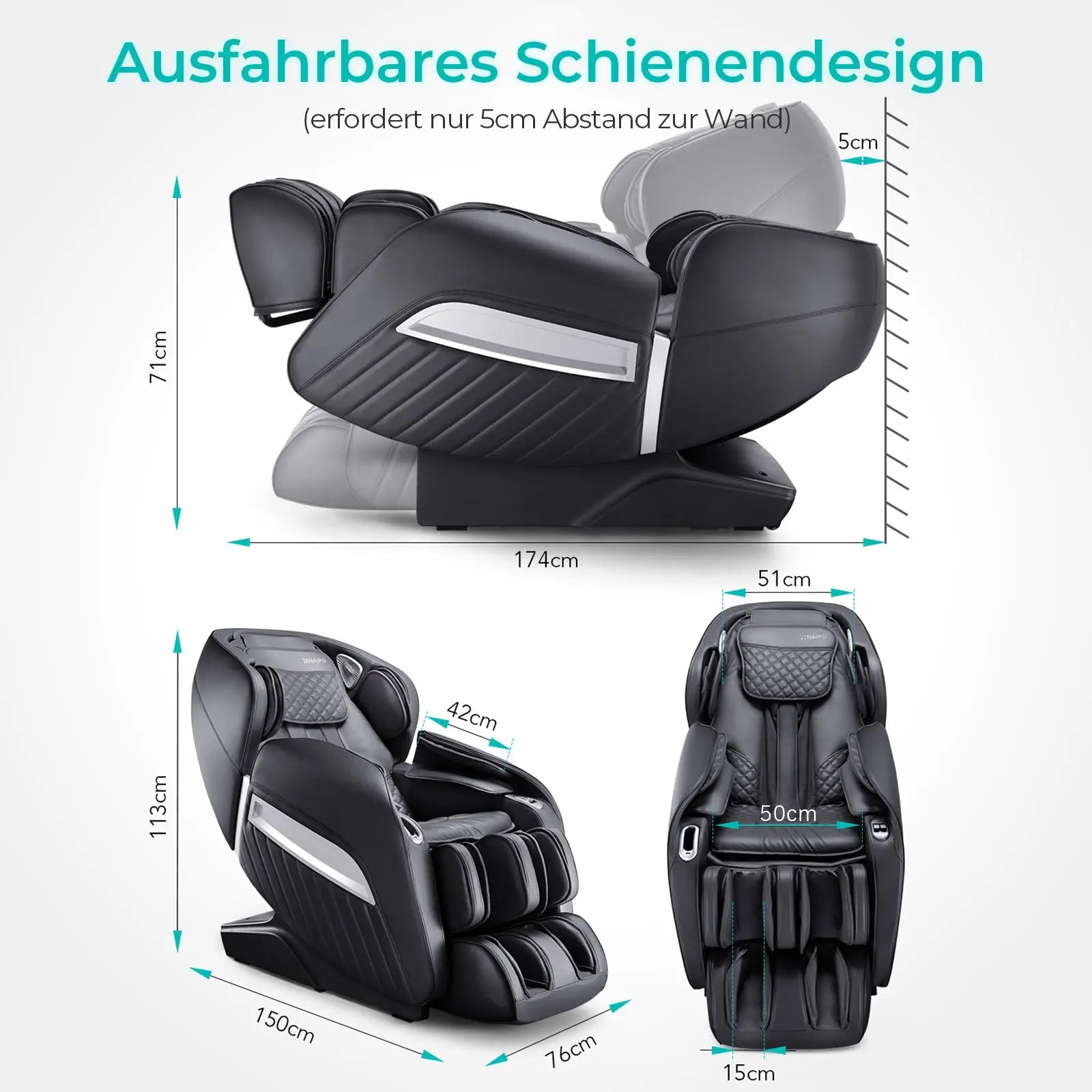 NAIPO® Premium Massagesessel mit Wärmefunktion, Zero Gravity Liegefunktion, Shiatsu, 3D Surround-Sound, Ganzkörpermassage, Körperscan, Ambient Light