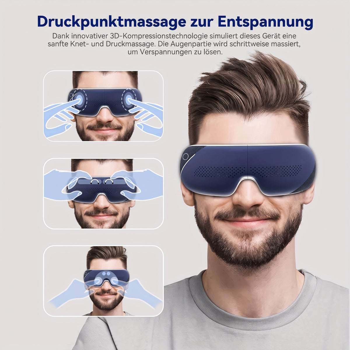 Augenmassagegerät mit Wärmefunktion & Bluetooth-Musik - 3D-Kompression, 4 Massagemodi, 180° faltbar - Lindert Augenermüdung, fördert Schlaf & Hautpflege - Für Büro/Zuhause/Reisen