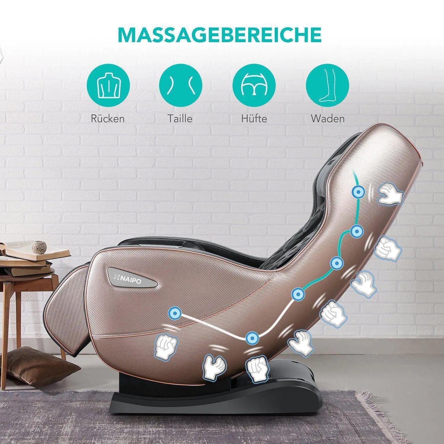 NAIPO Massagesessel mit Wärme | Design-Award | Bluetooth | Liegefunktion | Space-Saving | Creme-beige