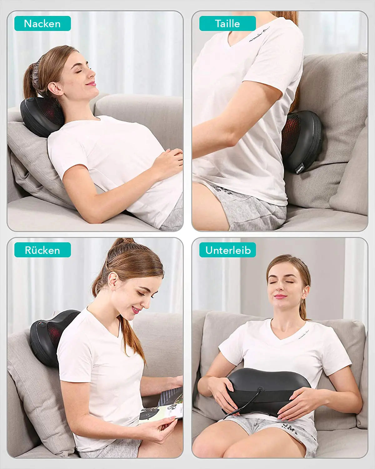 NAIPO Shiatsu Massagekissen Nacken Massagegerät mit Infrarot & Wärmefunktion, 4 3D-rotierenden Massageköpfen