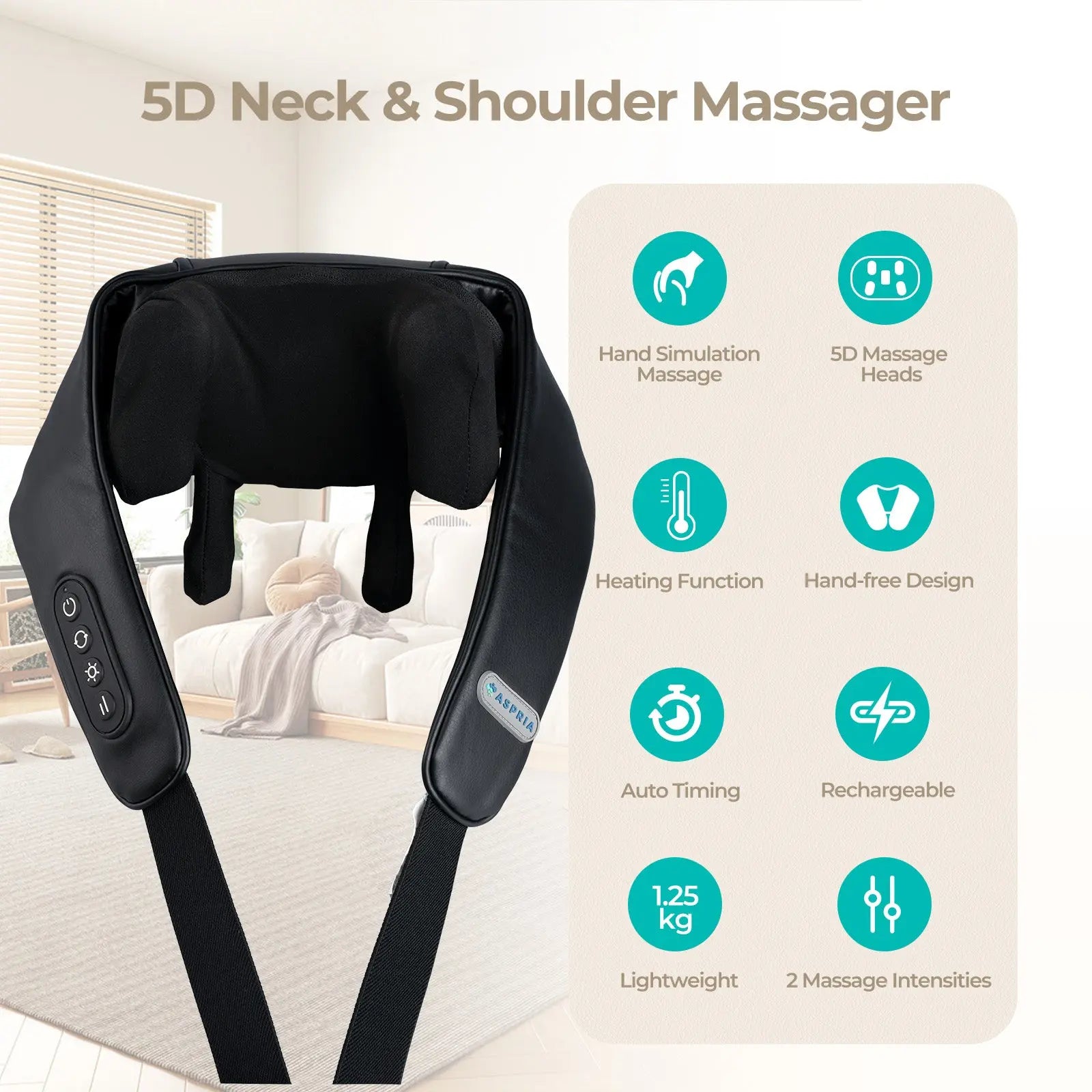 Aspria by NAIPO 5D Shiatsu Nackenmassagegerät mit Wärme, wiederaufladbar, Tragbares Schultermassagegerät für Nacken, Schulter, Rücken, Beine und Ganzkörpermassage, Schwarz