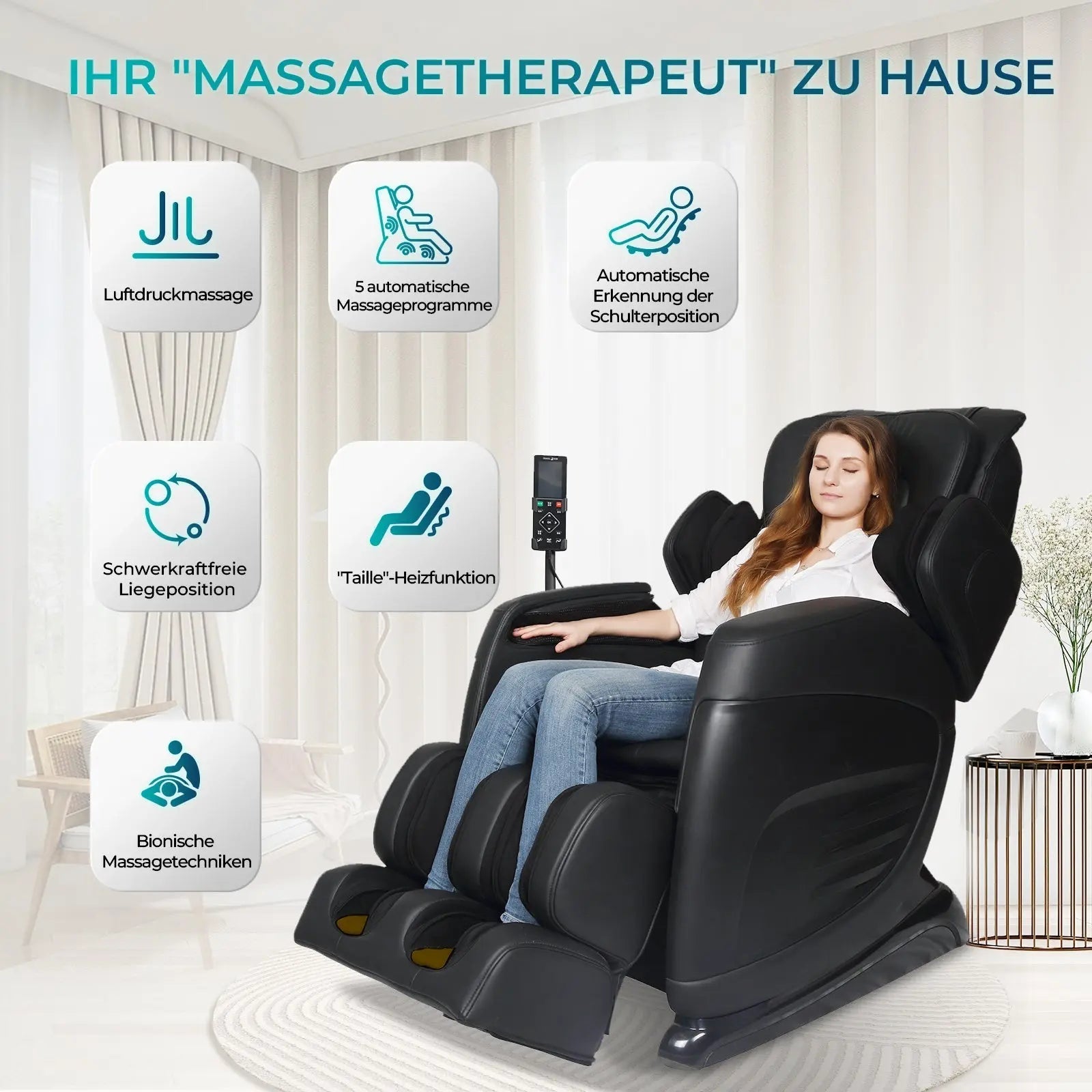 Aspria by NAIPO Massagesessel mit Liegefunktion "Classic-Comfort" Shiatsu mit Wärmefunktion, Zero-Gravity, Ganzkörpermassage, schwarz