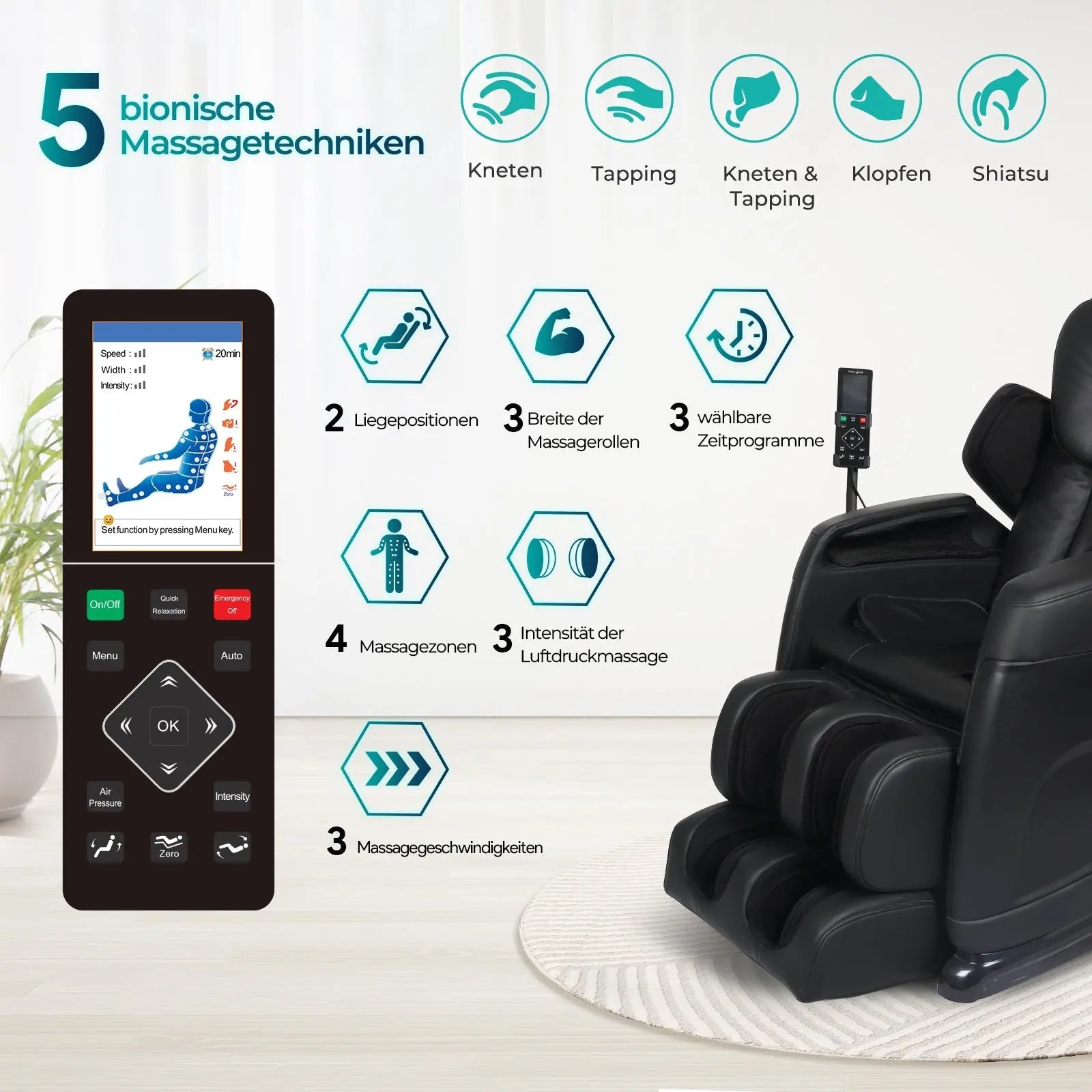 Aspria by NAIPO Massagesessel mit Liegefunktion "Classic-Comfort" Shiatsu mit Wärmefunktion, Zero-Gravity, Ganzkörpermassage, schwarz