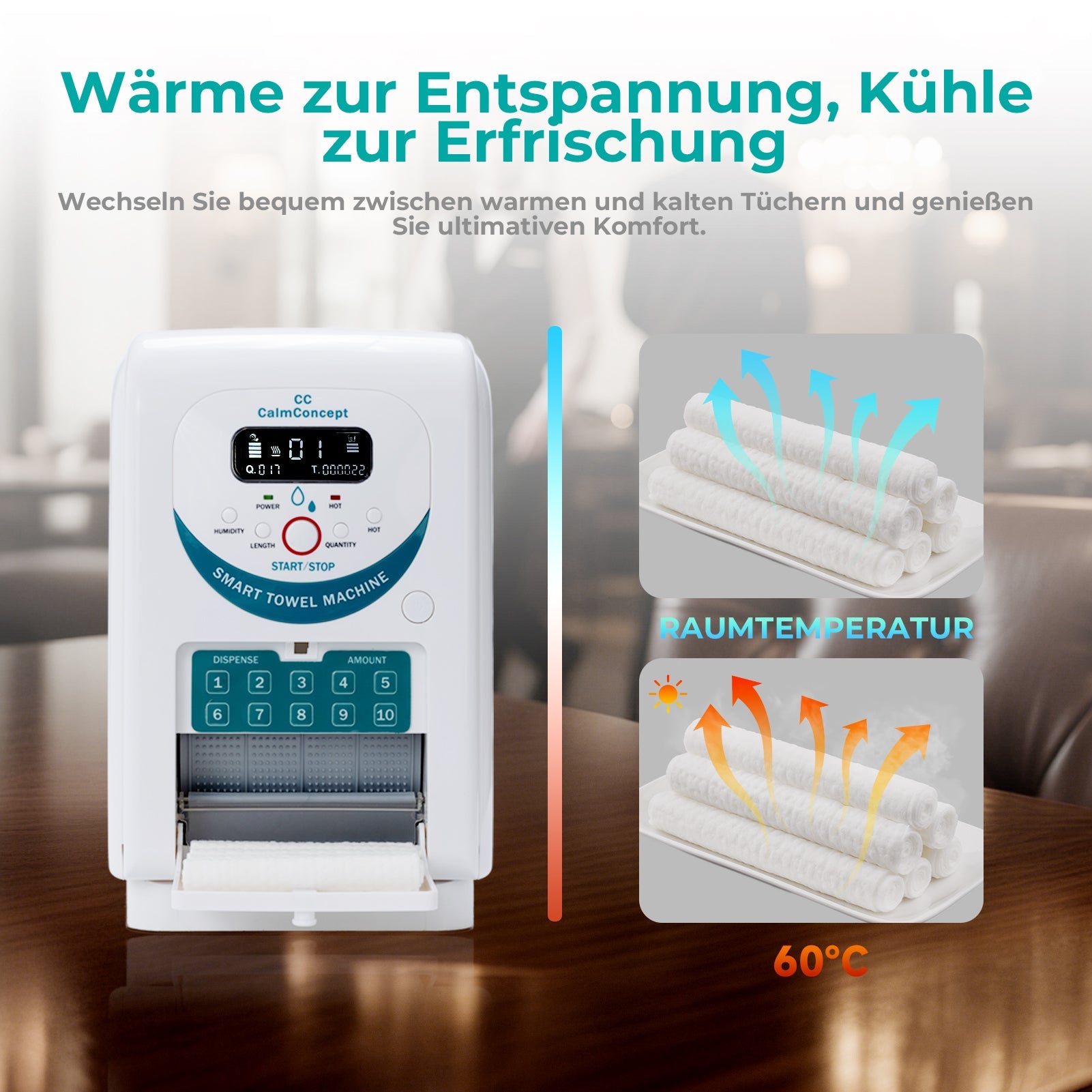 CalmConcept® Warmtuchspender mit Befeuchtung und Heizfunktion (bis zu 60 °C), LED-Display, schnelle 2s-Ausgabe, Hygienischer Einweg-Handtuchwärmer für Spa, Kosmetikstudio, Restaurant & Zuhause, Modell A