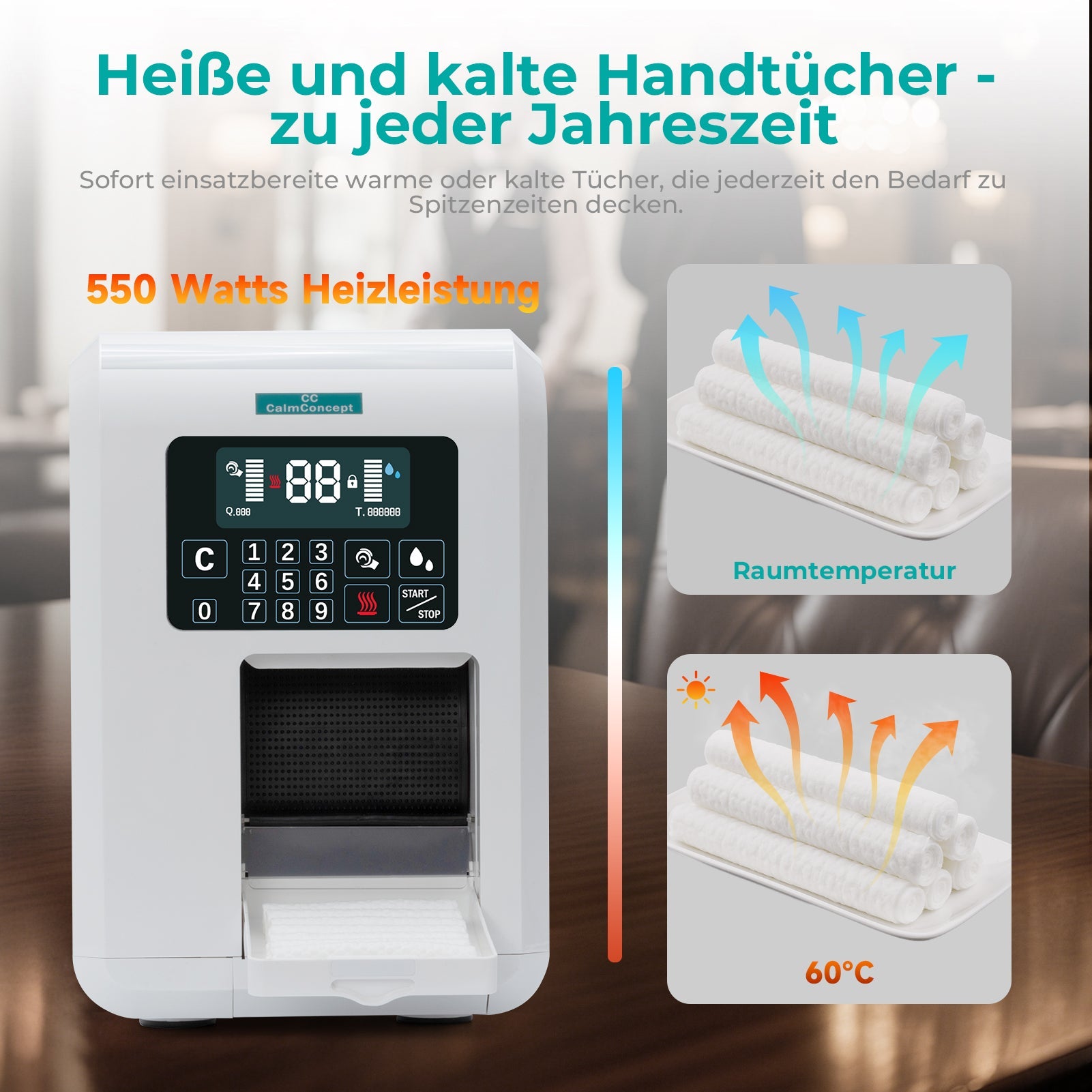 CalmConcept® Warmtuchspender mit Befeuchtung und Heizfunktion (bis zu 60 °C), LED-Display, schnelle 2s-Ausgabe, Hygienischer Einweg-Handtuchwärmer für Spa, Kosmetikstudio, Restaurant, Modell C