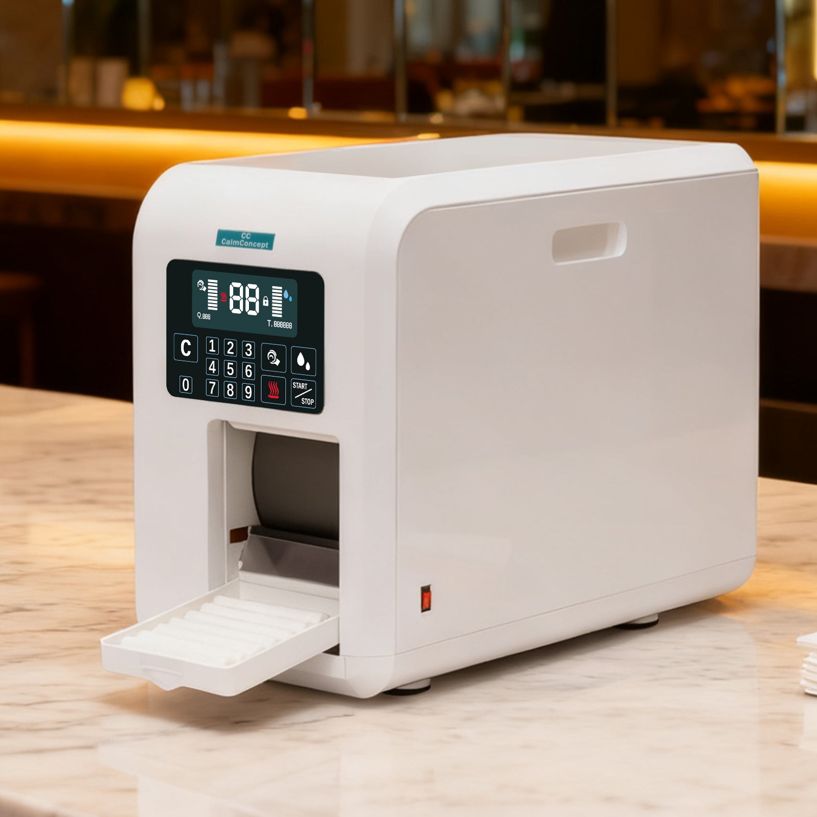 CalmConcept® Warmtuchspender mit Befeuchtung und Heizfunktion (bis zu 60 °C), LED-Display, schnelle 2s-Ausgabe, Hygienischer Einweg-Handtuchwärmer für Spa, Kosmetikstudio, Restaurant, Modell C