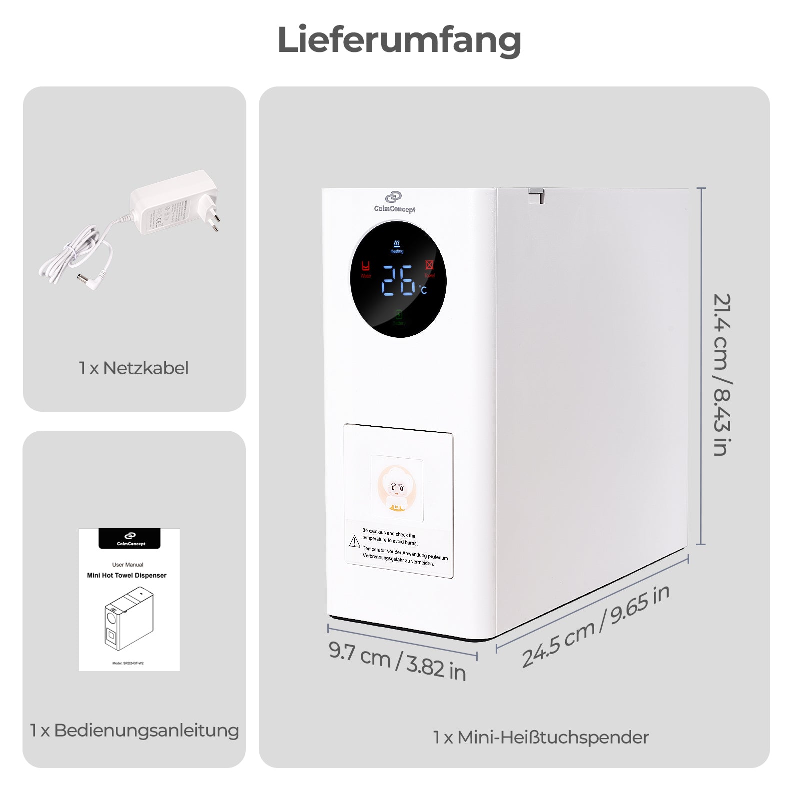 CalmConcept® Mini Warmhandtuchspender – Saubere und angenehm warme Einweghandtücher für Zuhause und unterwegs, Modell W2