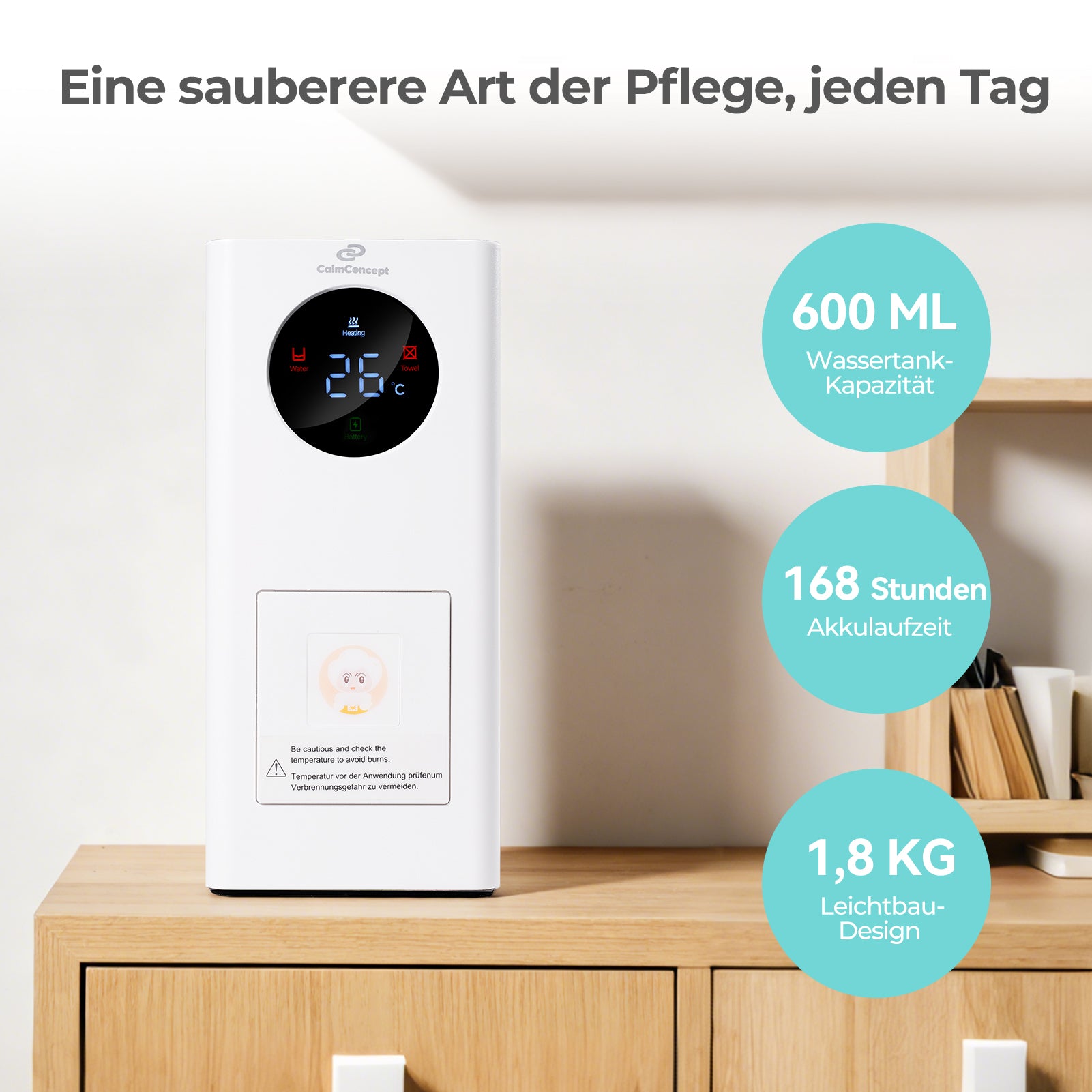 CalmConcept® Mini Warmhandtuchspender – Saubere und angenehm warme Einweghandtücher für Zuhause und unterwegs, Modell W2