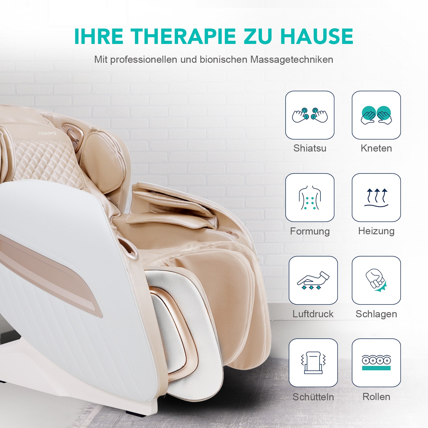 NAIPO® Shiatsu Massagesessel mit Wärmefunktion, Zero Gravity, ohne Fußteil, ideal für Gewerbe und Privat, Ambient Light