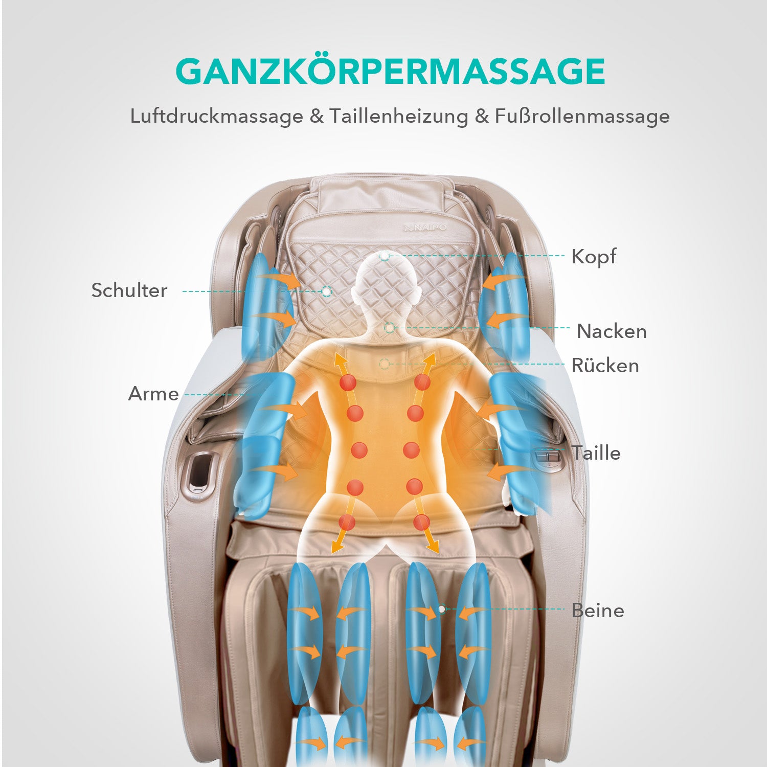 NAIPO® Shiatsu Massagesessel mit Wärmefunktion, Zero Gravity, ohne Fußteil, ideal für Gewerbe und Privat, Ambient Light