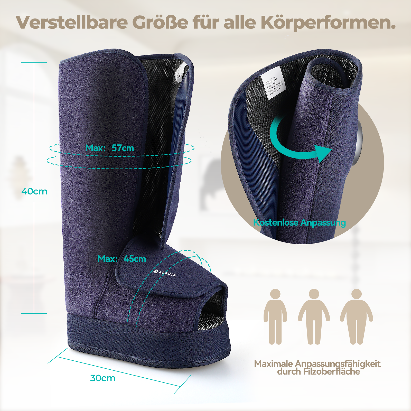 Aspria by Naipo Fußmassagegerät, 2-in-1-Waden-Fuß-Massagegerät mit Luftkompression, Vibration und Wärmetherapie, Bein-Fuß-Massage-Stiefel für geschwollene Beine, Ödeme, kabelloses Design, Blau