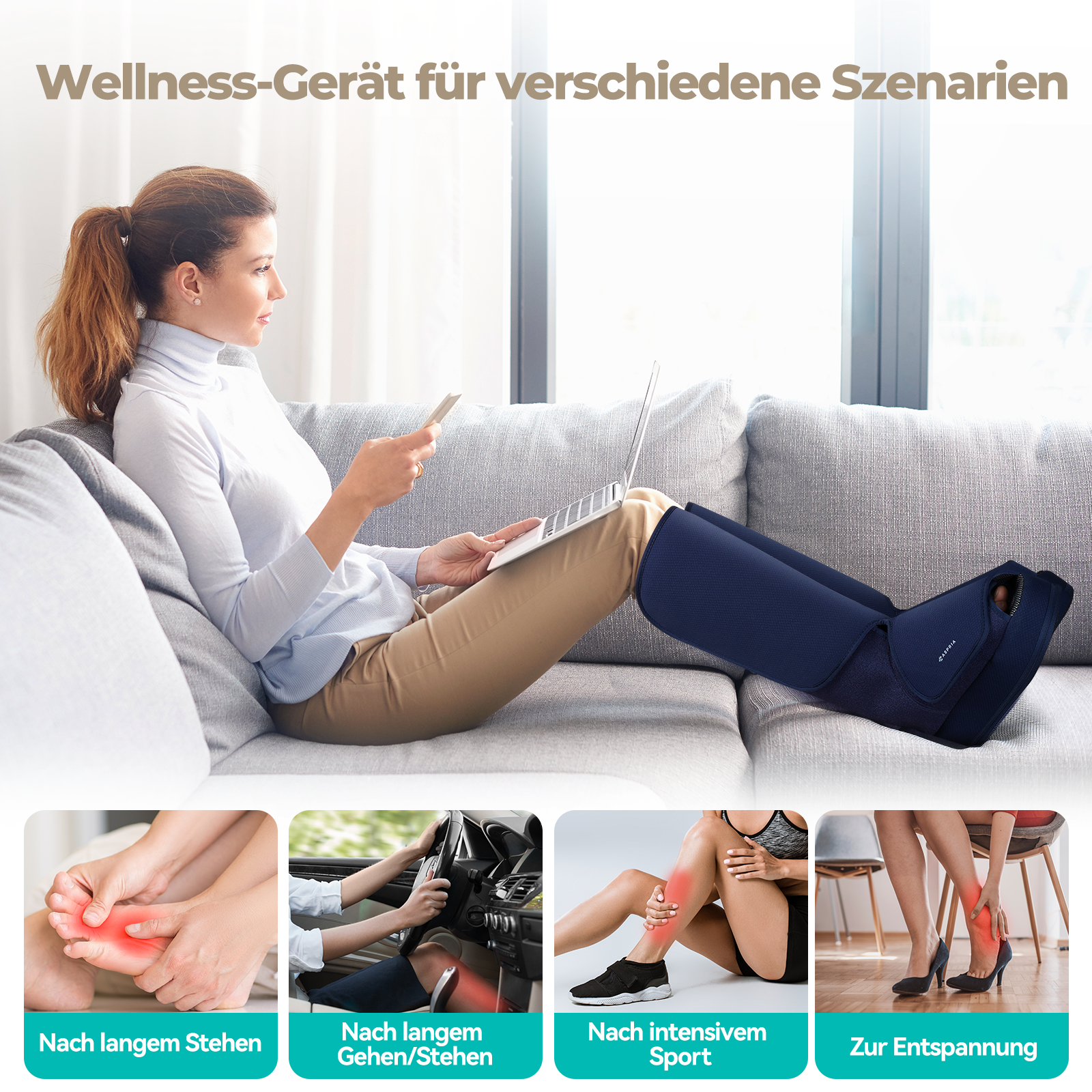 Aspria by Naipo Fußmassagegerät, 2-in-1-Waden-Fuß-Massagegerät mit Luftkompression, Vibration und Wärmetherapie, Bein-Fuß-Massage-Stiefel für geschwollene Beine, Ödeme, kabelloses Design, Blau