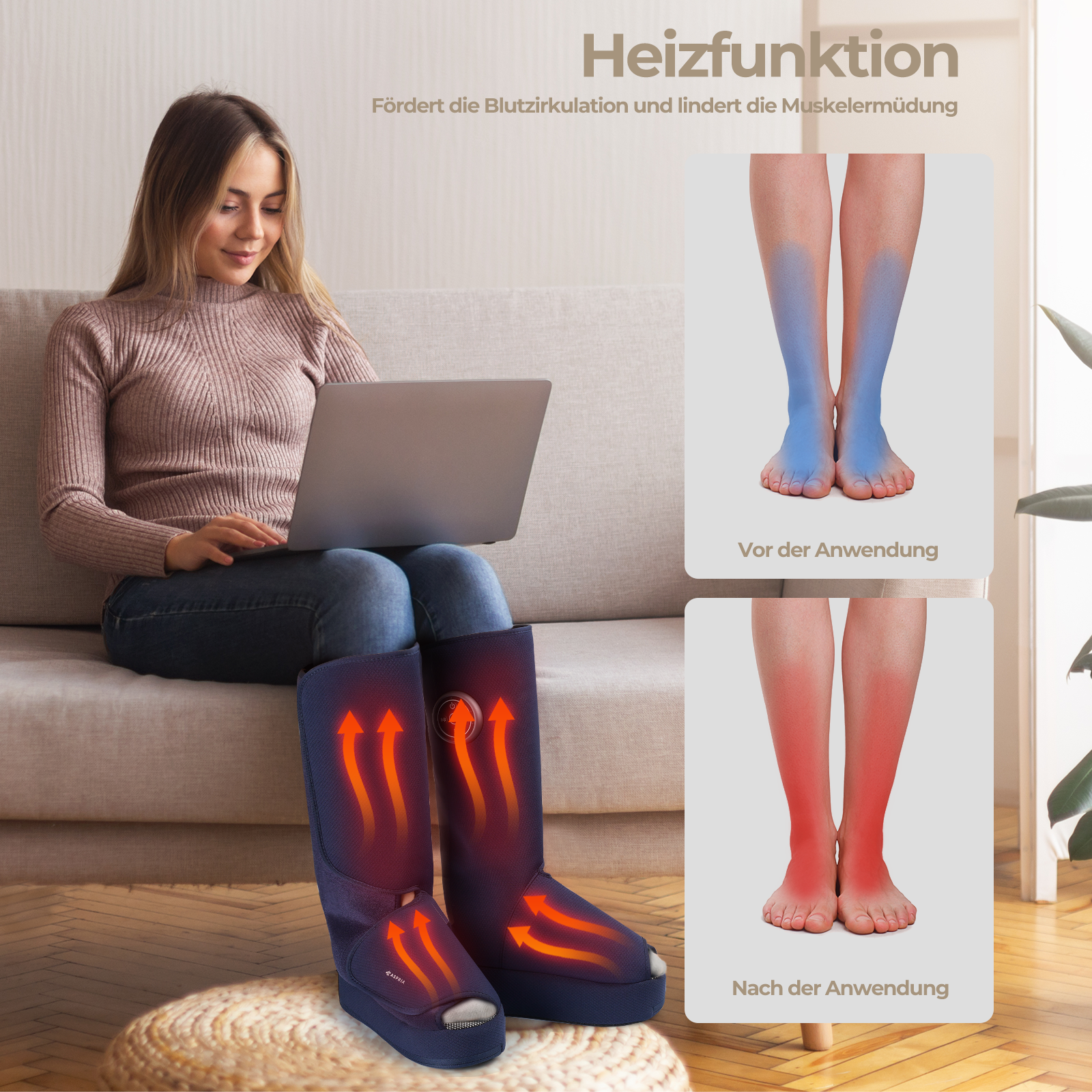 Aspria by Naipo Fußmassagegerät, 2-in-1-Waden-Fuß-Massagegerät mit Luftkompression, Vibration und Wärmetherapie, Bein-Fuß-Massage-Stiefel für geschwollene Beine, Ödeme, kabelloses Design, Blau