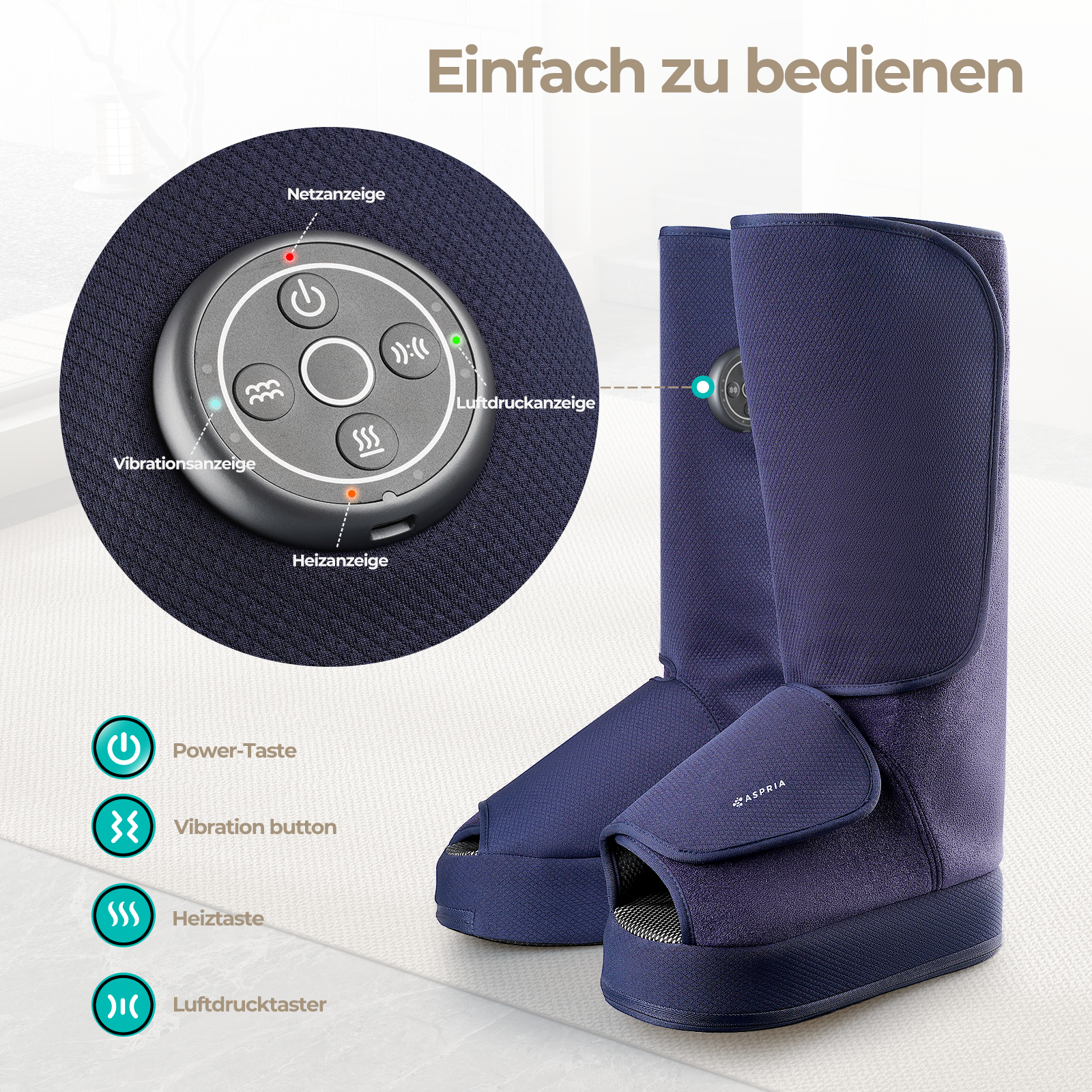 Aspria by Naipo Fußmassagegerät, 2-in-1-Waden-Fuß-Massagegerät mit Luftkompression, Vibration und Wärmetherapie, Bein-Fuß-Massage-Stiefel für geschwollene Beine, Ödeme, kabelloses Design, Blau