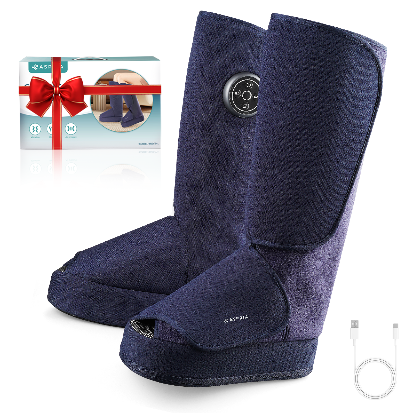 Aspria by Naipo Fußmassagegerät, 2-in-1-Waden-Fuß-Massagegerät mit Luftkompression, Vibration und Wärmetherapie, Bein-Fuß-Massage-Stiefel für geschwollene Beine, Ödeme, kabelloses Design, Blau