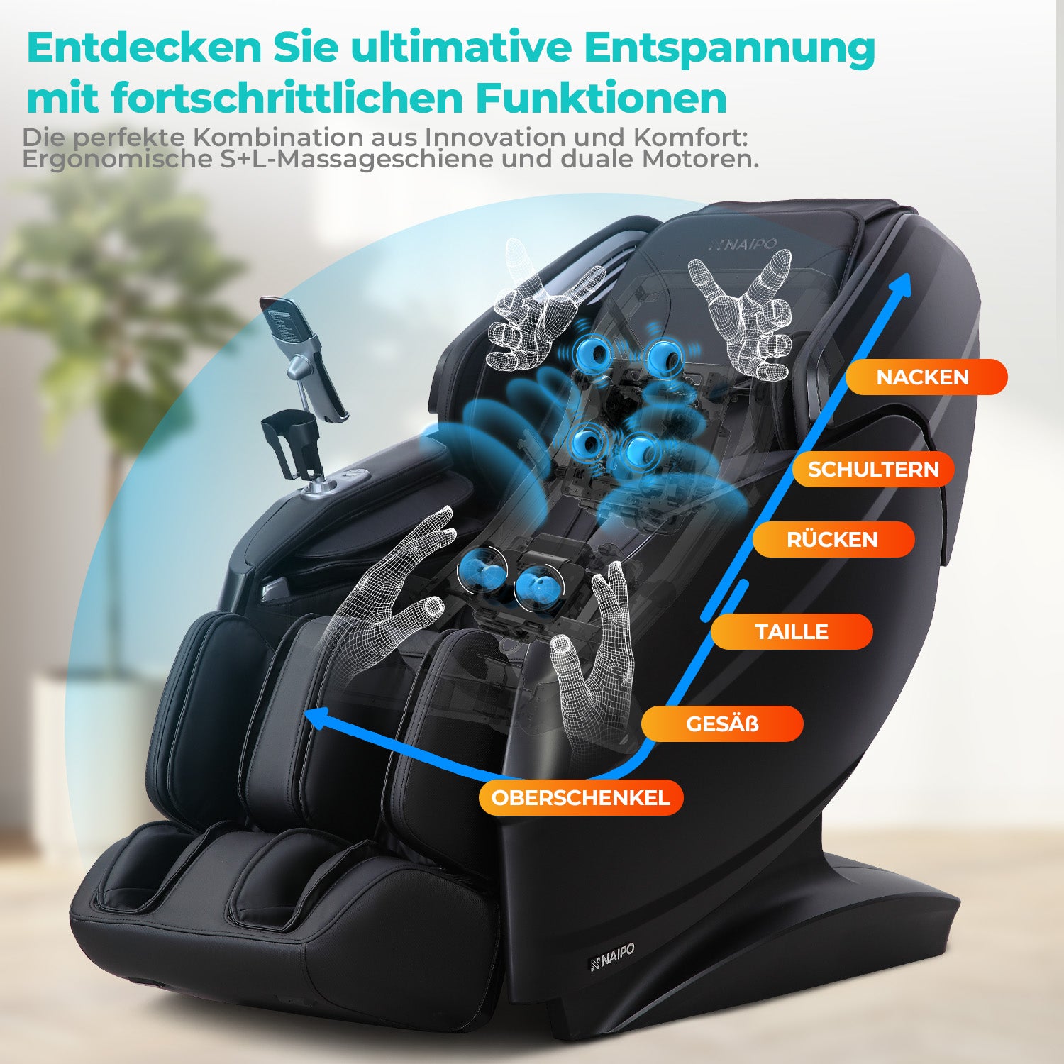 Naipo 3D Massagesessel R50 schwarz, High-End Massagestuhl, Wärmefuktion