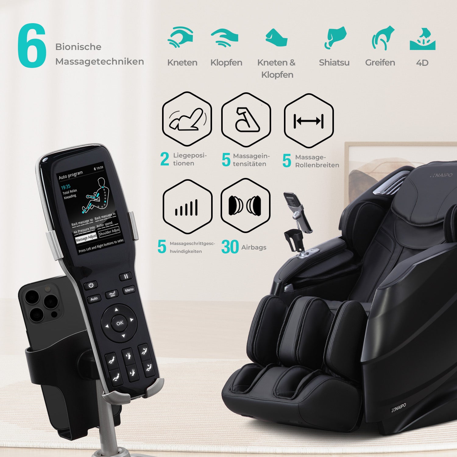 Naipo 3D Massagesessel R50 schwarz, High-End Massagestuhl, Wärmefuktion