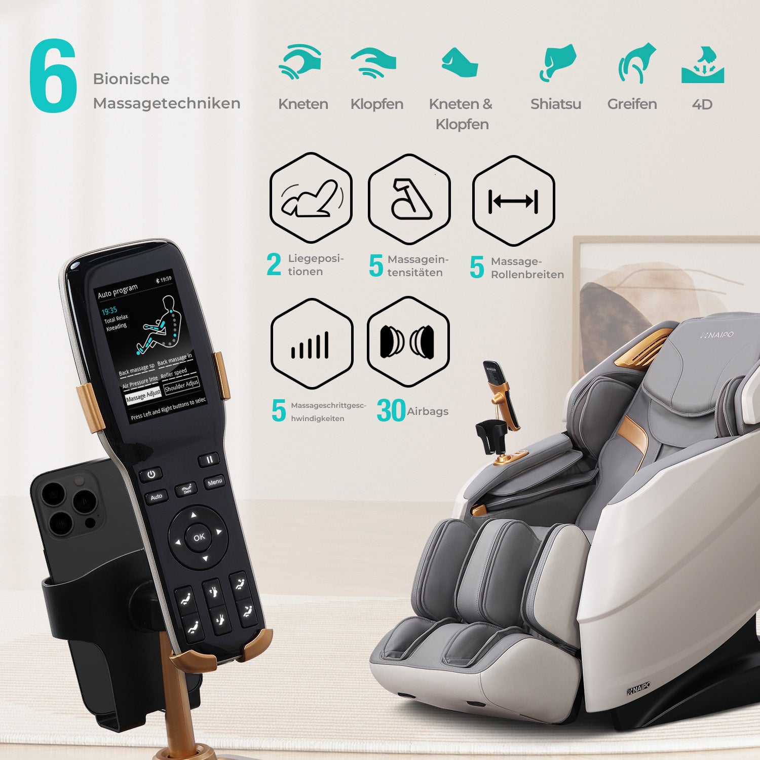 Naipo 3D Massagesessel R50 grau, High-End Massagestuhl, Wärmefuktion