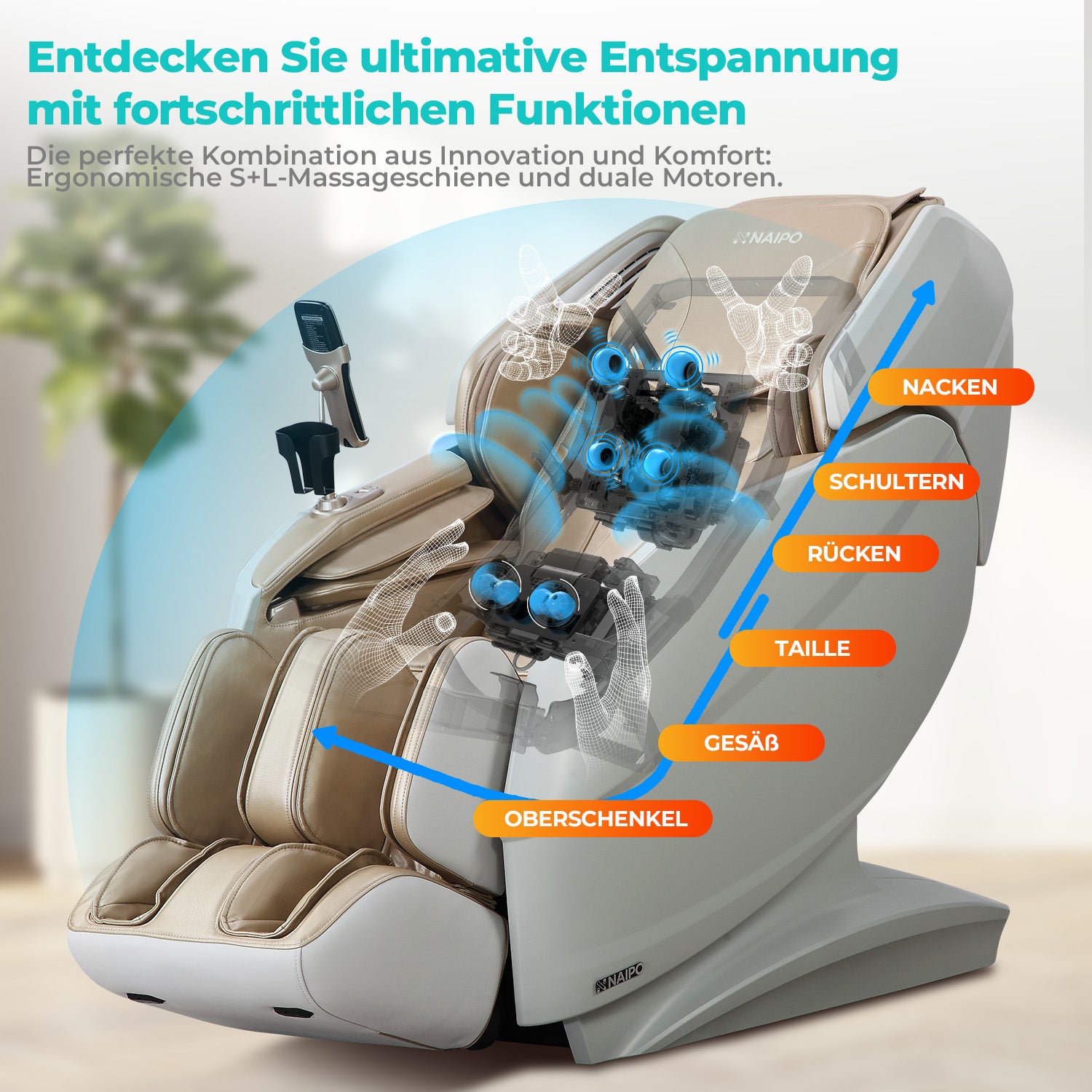 Naipo 3D Massagesessel R50 grau, High-End Massagestuhl, Wärmefuktion