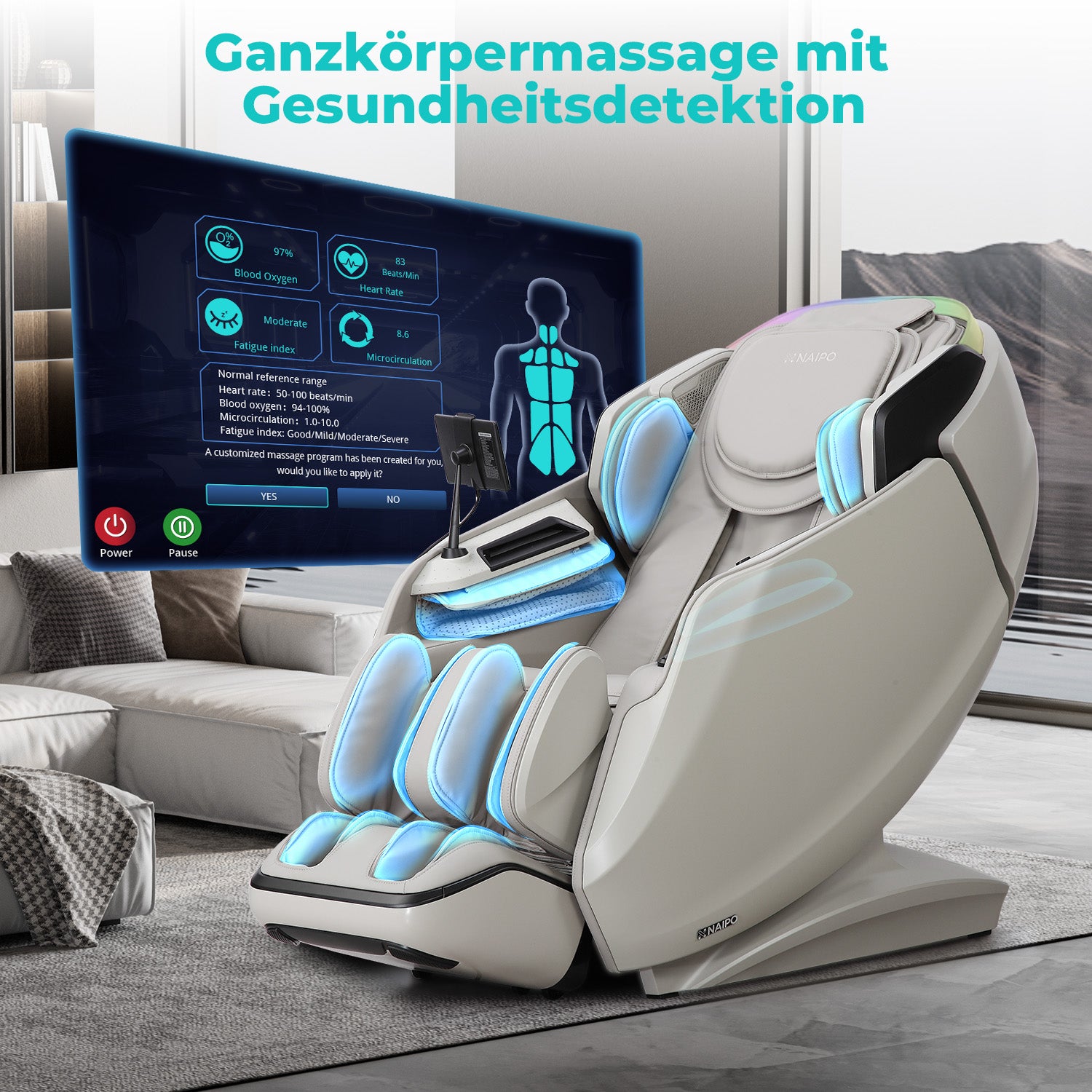 NAIPO 4D High-End Massagesessel S61 Grau, Aromatherapie, Wärmetherapie, Tablet-Steuerung