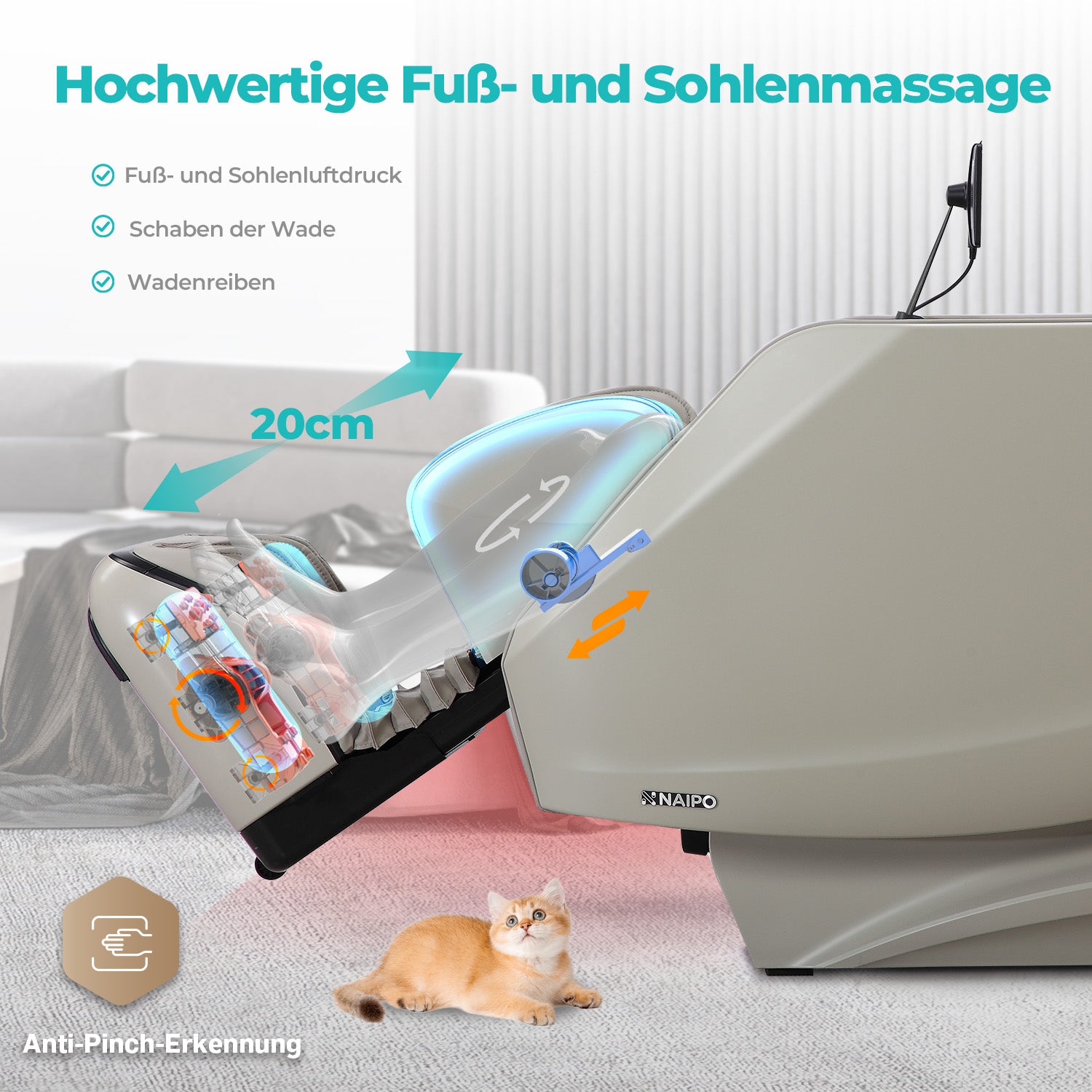 NAIPO 4D High-End Massagesessel S61 Grau, Aromatherapie, Wärmetherapie, Tablet-Steuerung