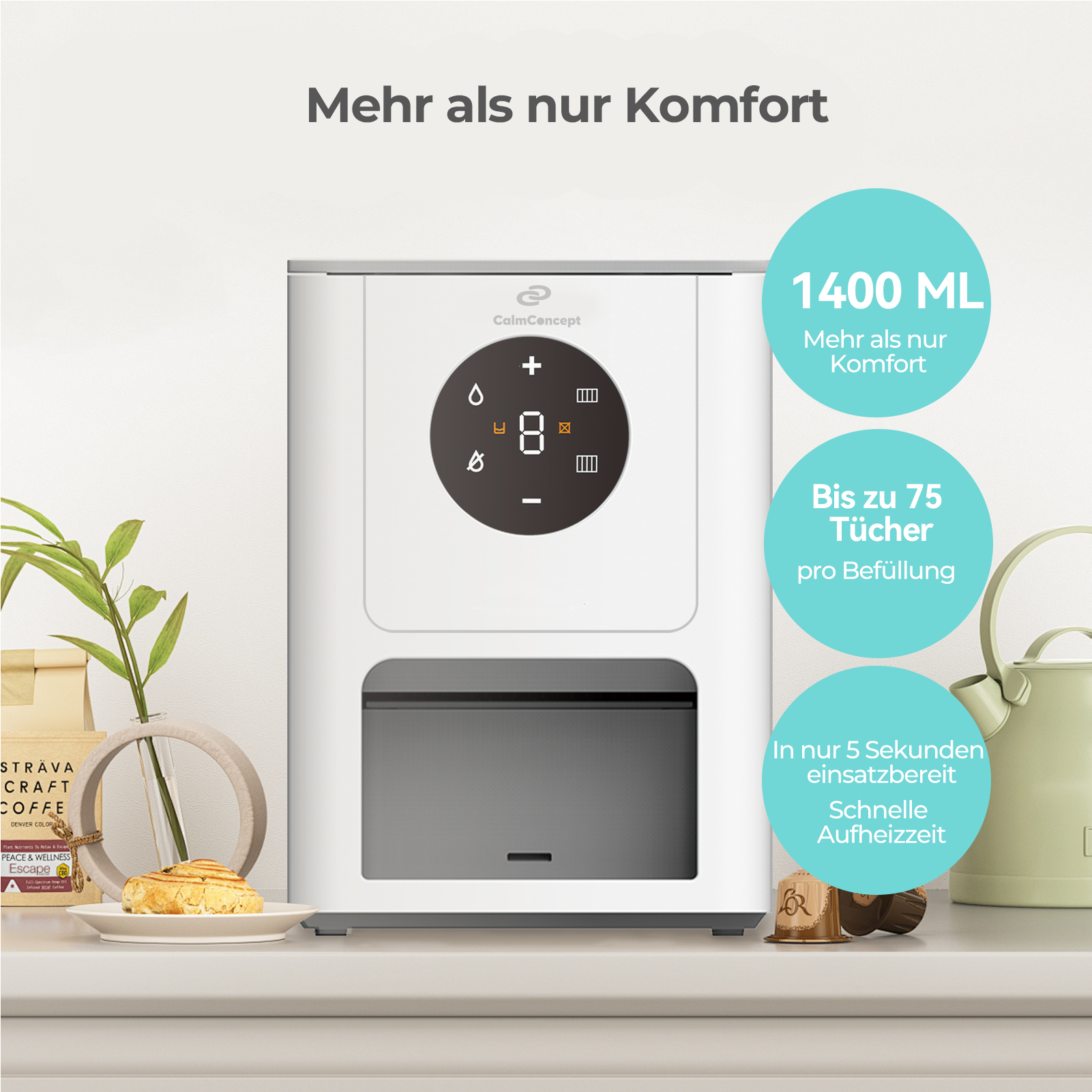 CalmConcept® Warmtuchspender Warme Feuchttücher auf Knopfdruck mit 9 Feuchtigkeitsstufen 8 Temperaturstufen und 1400 ml Wassertank, Modell Q6