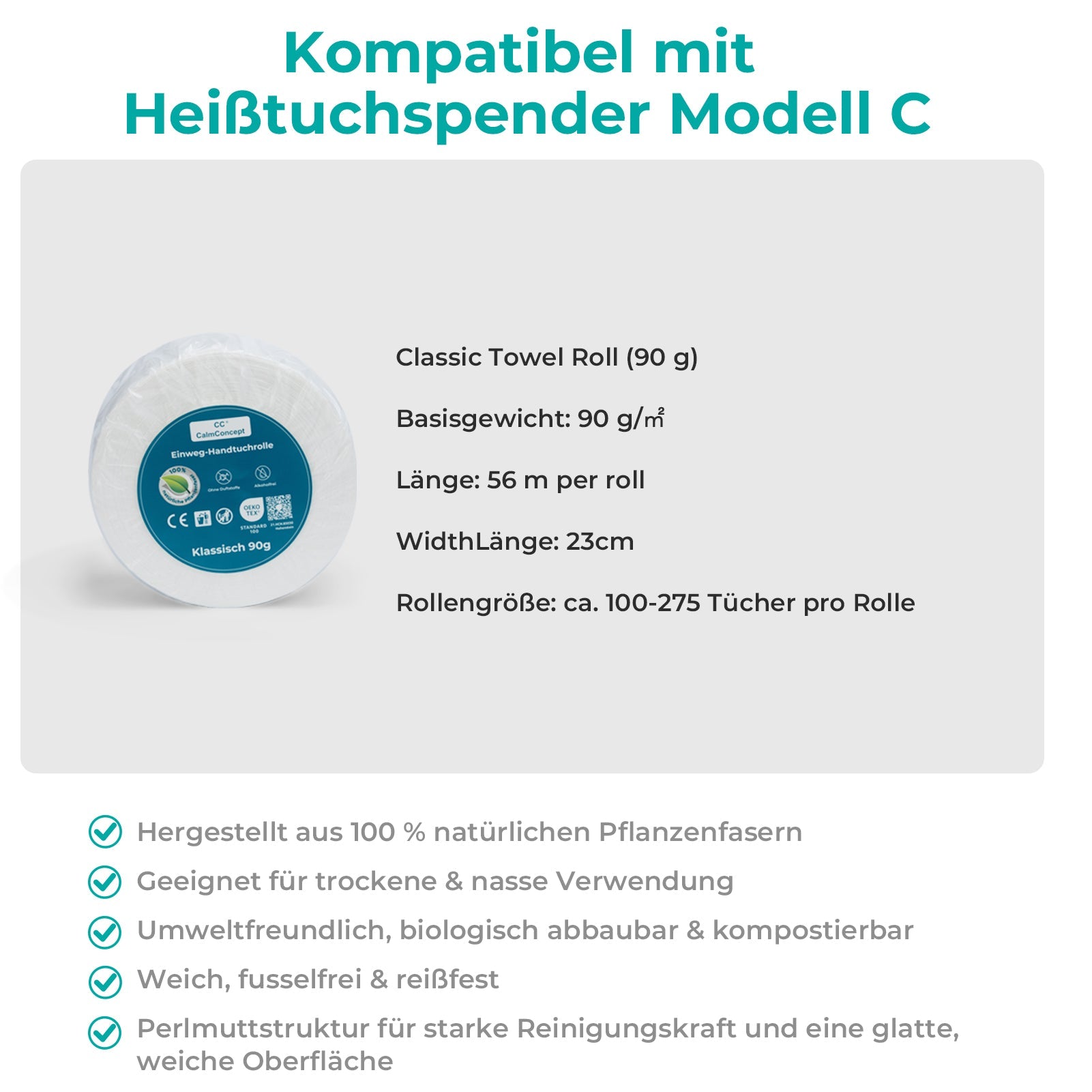 CalmConcept® Einweg-Handtuchrolle 23M, aus 100 % natürliche Pflanzenfasern, 3D-Perlentextur, weich, fusselfrei, biologisch abbaubar, für Trocken- & Nassanwendung, für Warmtuchspender Modell A