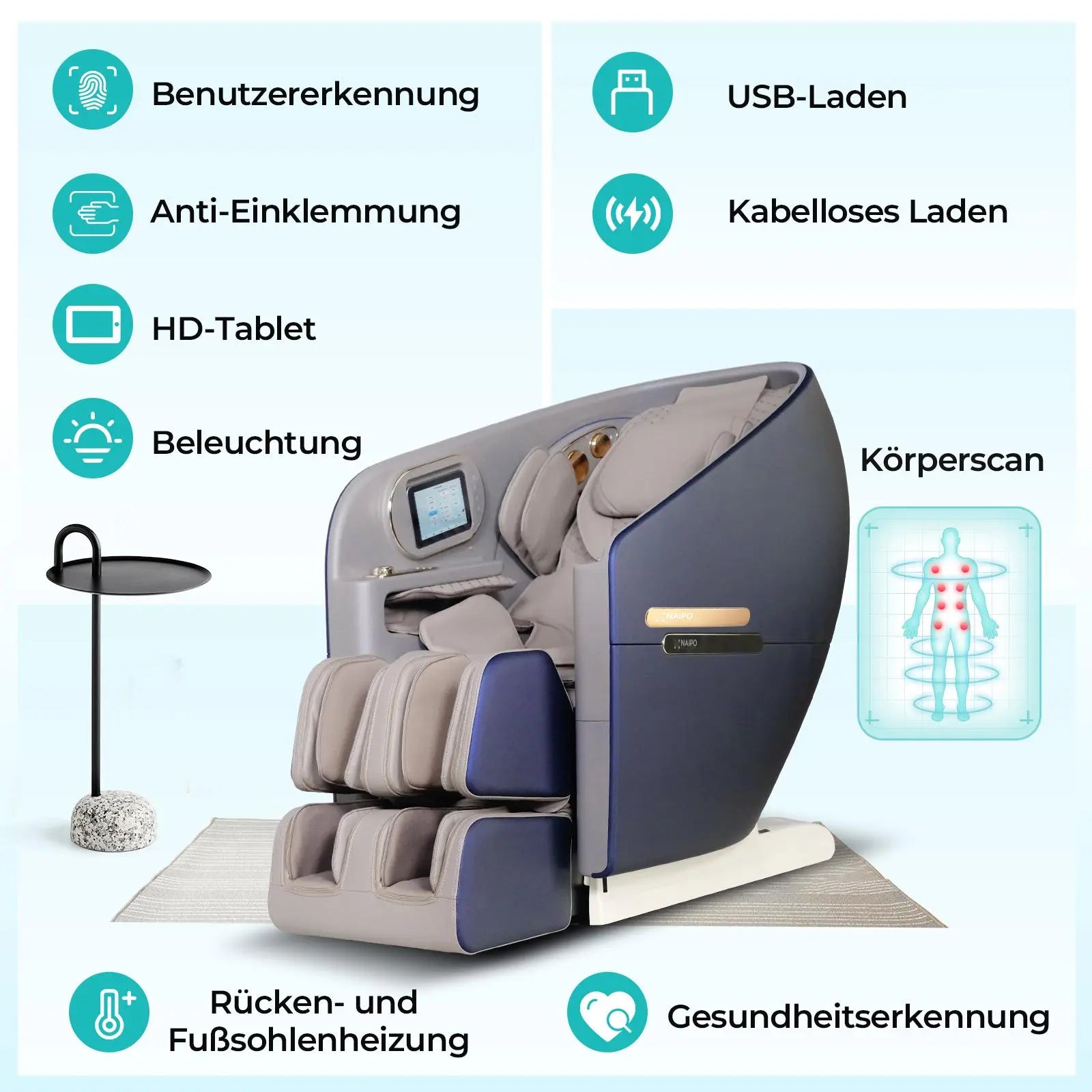 NAIPO 4D High-End Massagesessel, Raumkapsel-Design, integriertes Tablet, S80 Blau