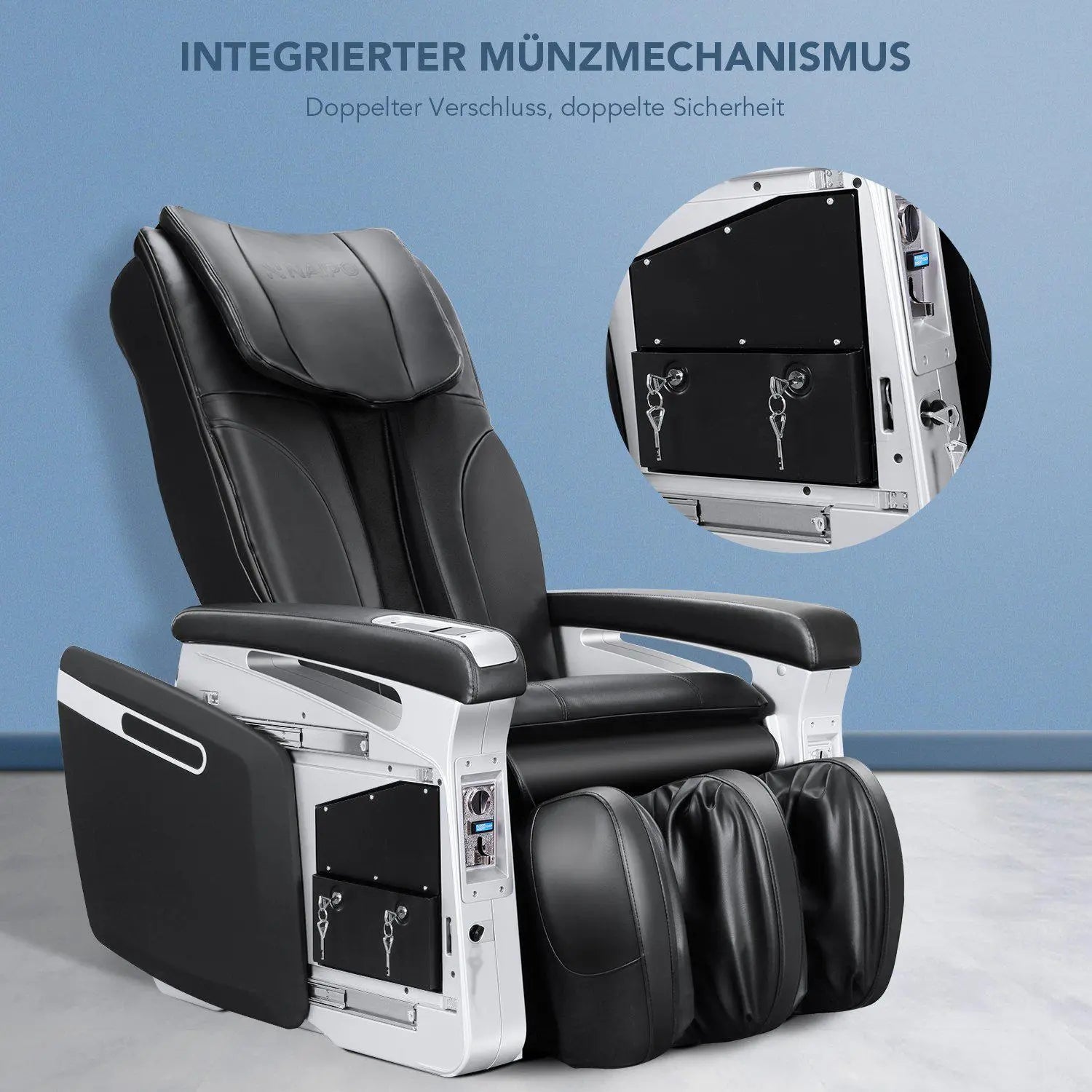 NAIPO Münzbetriebener Massagesessel, Shiatsu Massagestuhl, Doppeltes Sicherheitsystem, Gewerblich, Digitialanzeige