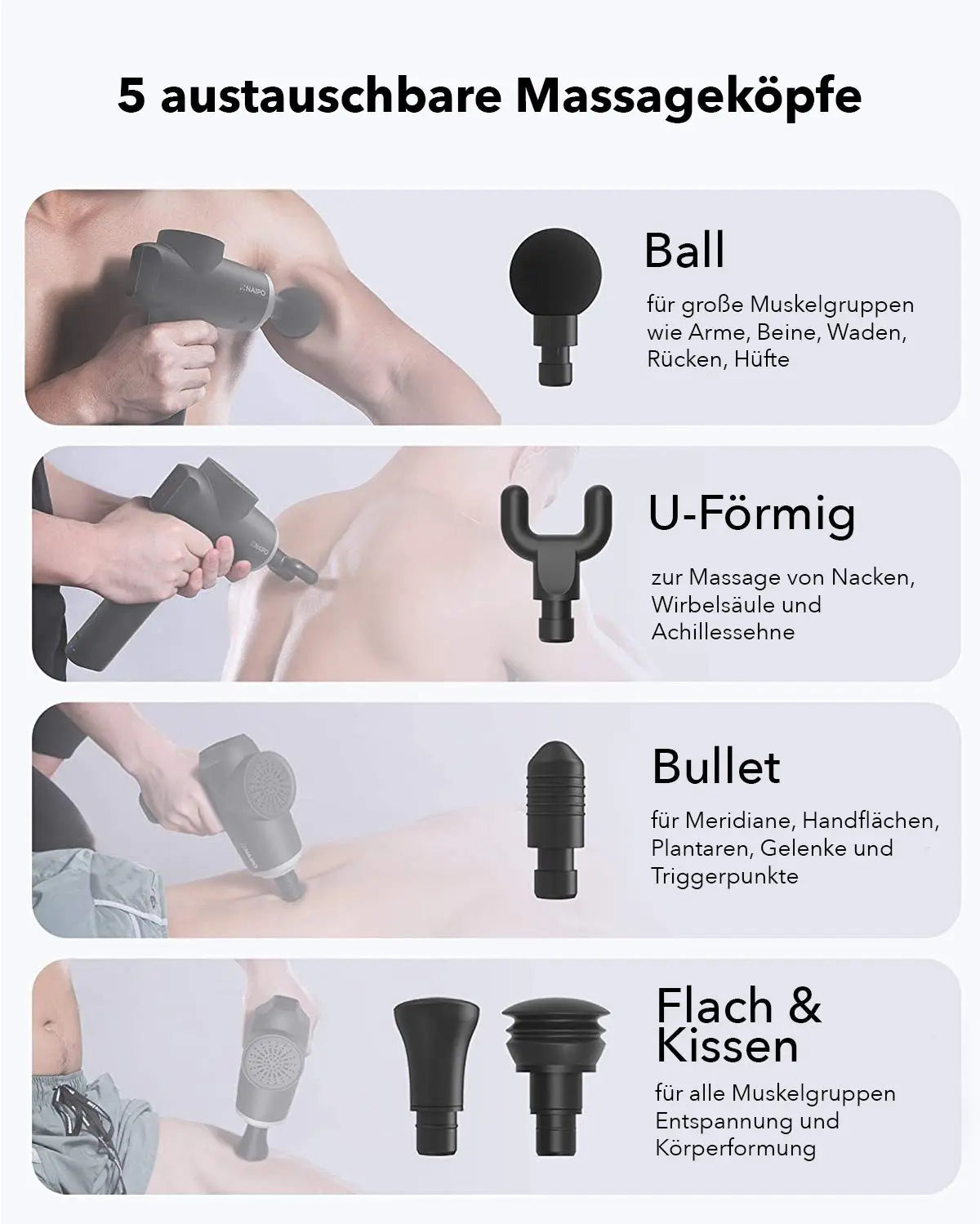 NAIPO® Pro - Massagepistole, einstellbare Intensität, inkl. 5 Aufsätze für Nacken, Schulter, Rücken
